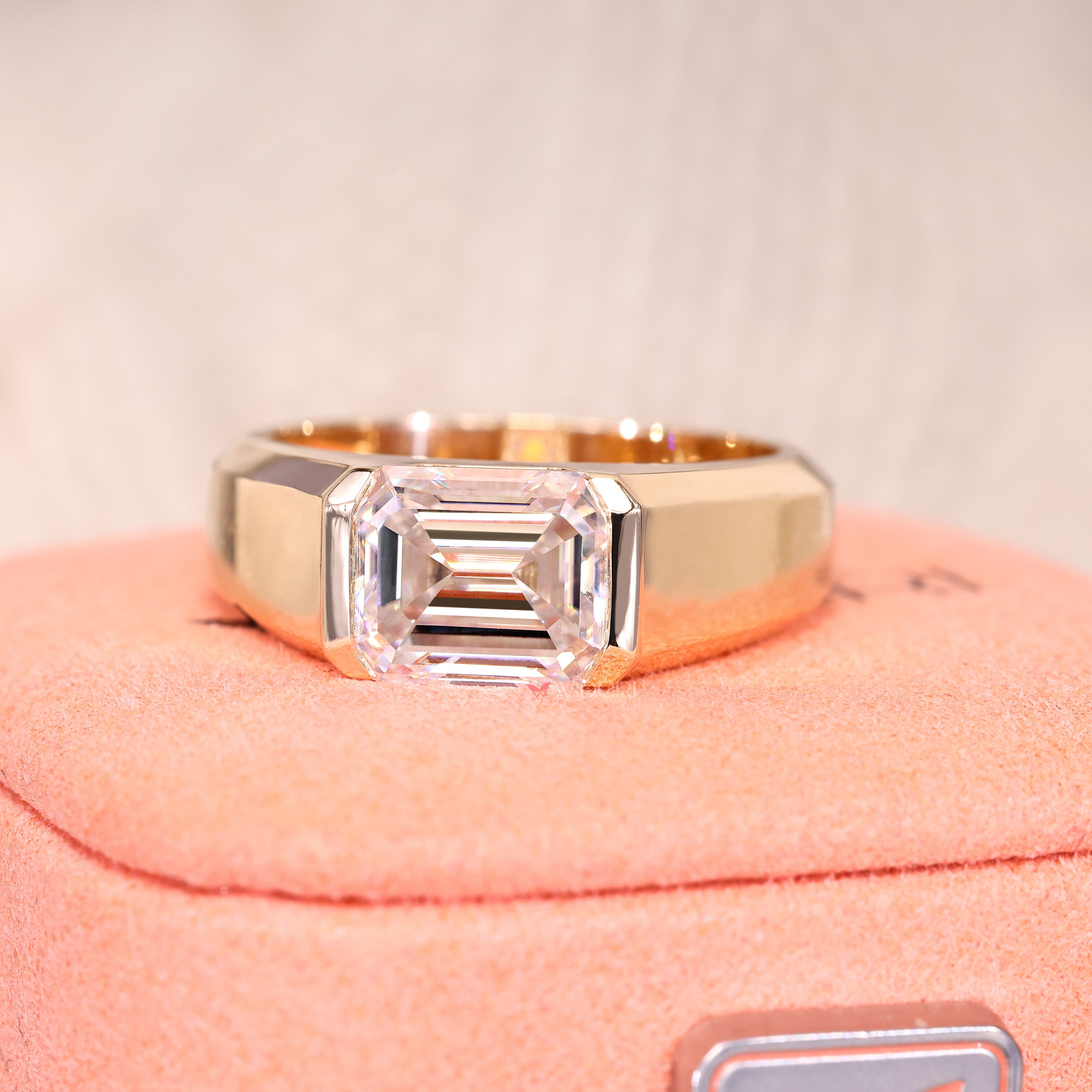 Emerald cut moissanite ring tapered shank.
