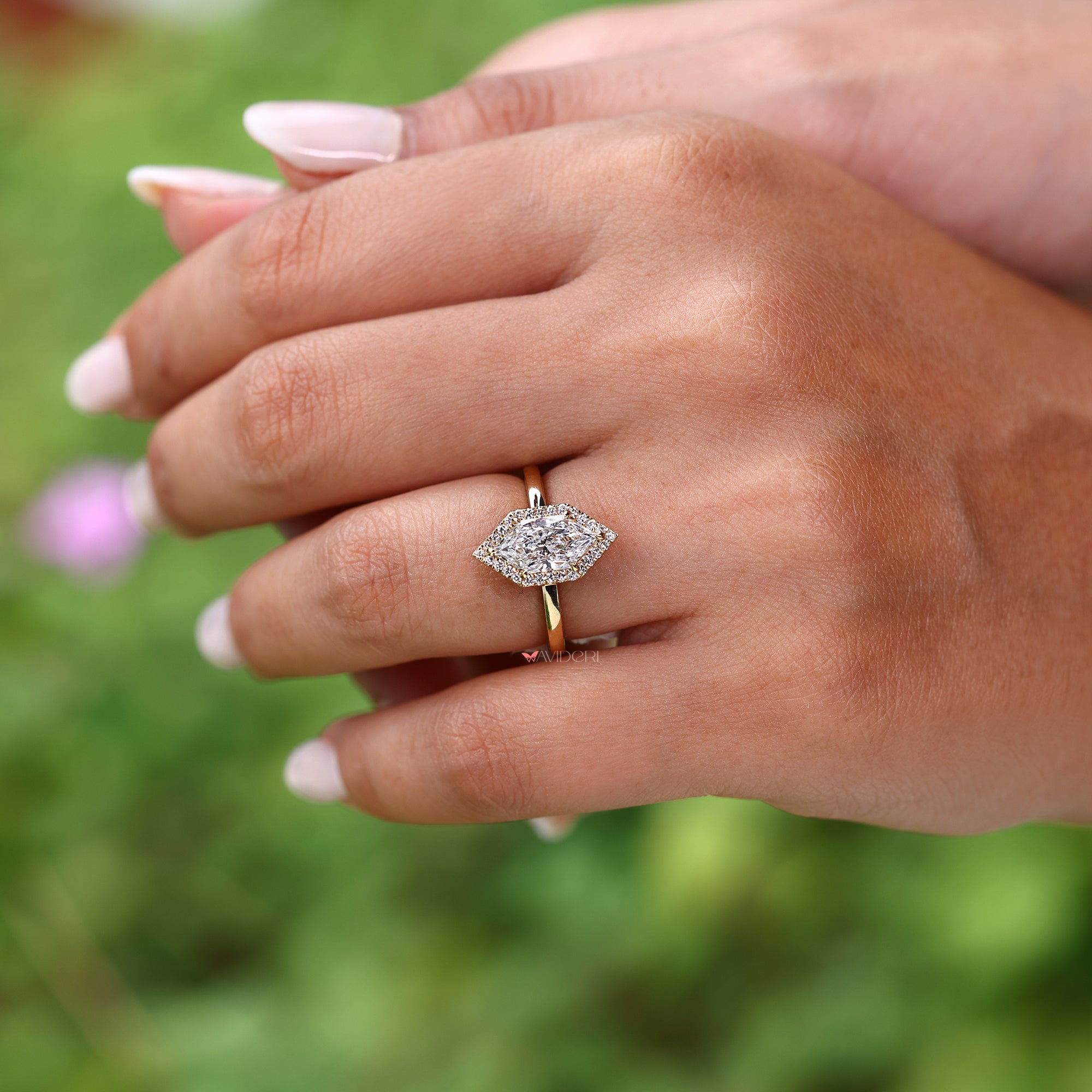 Dutch marquise ring includes 6 claw prong setting.