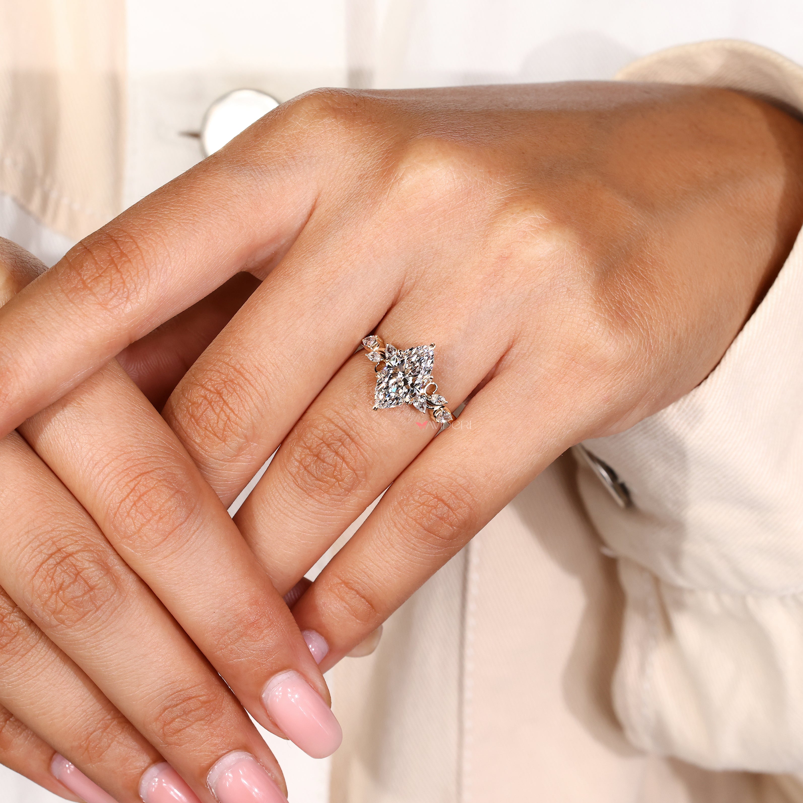 IGI certified lab diamond ring with marquise center stone design
