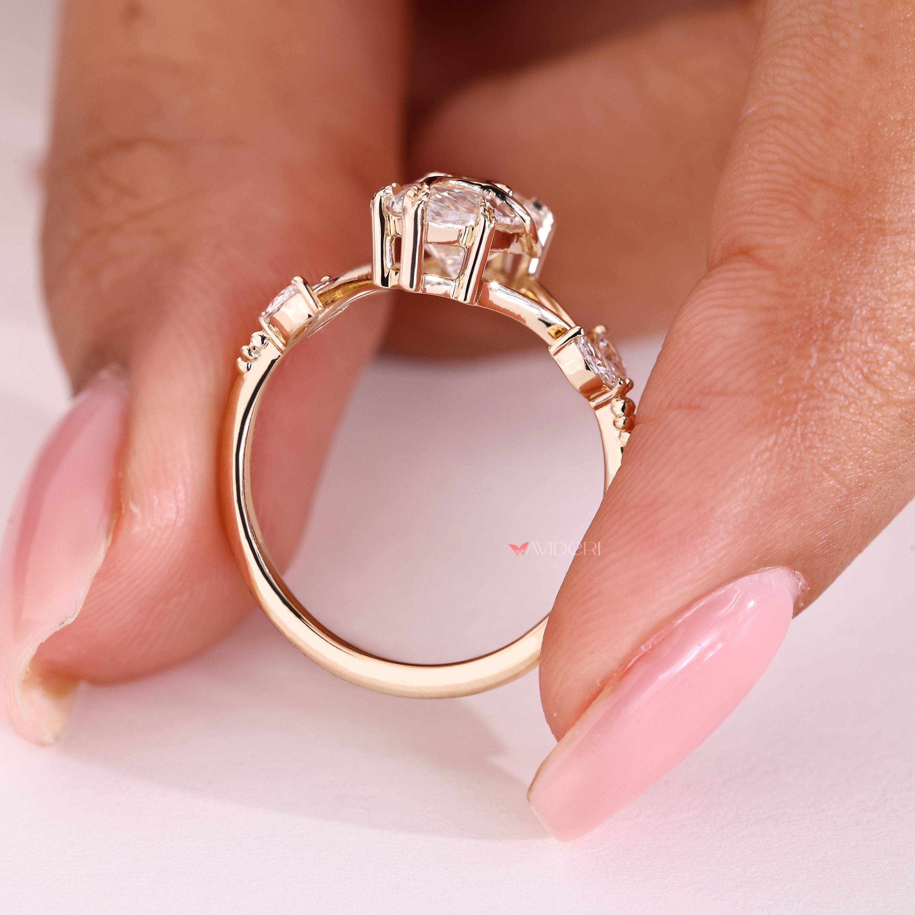 Lab grown marquise diamond ring with tapered split shank
