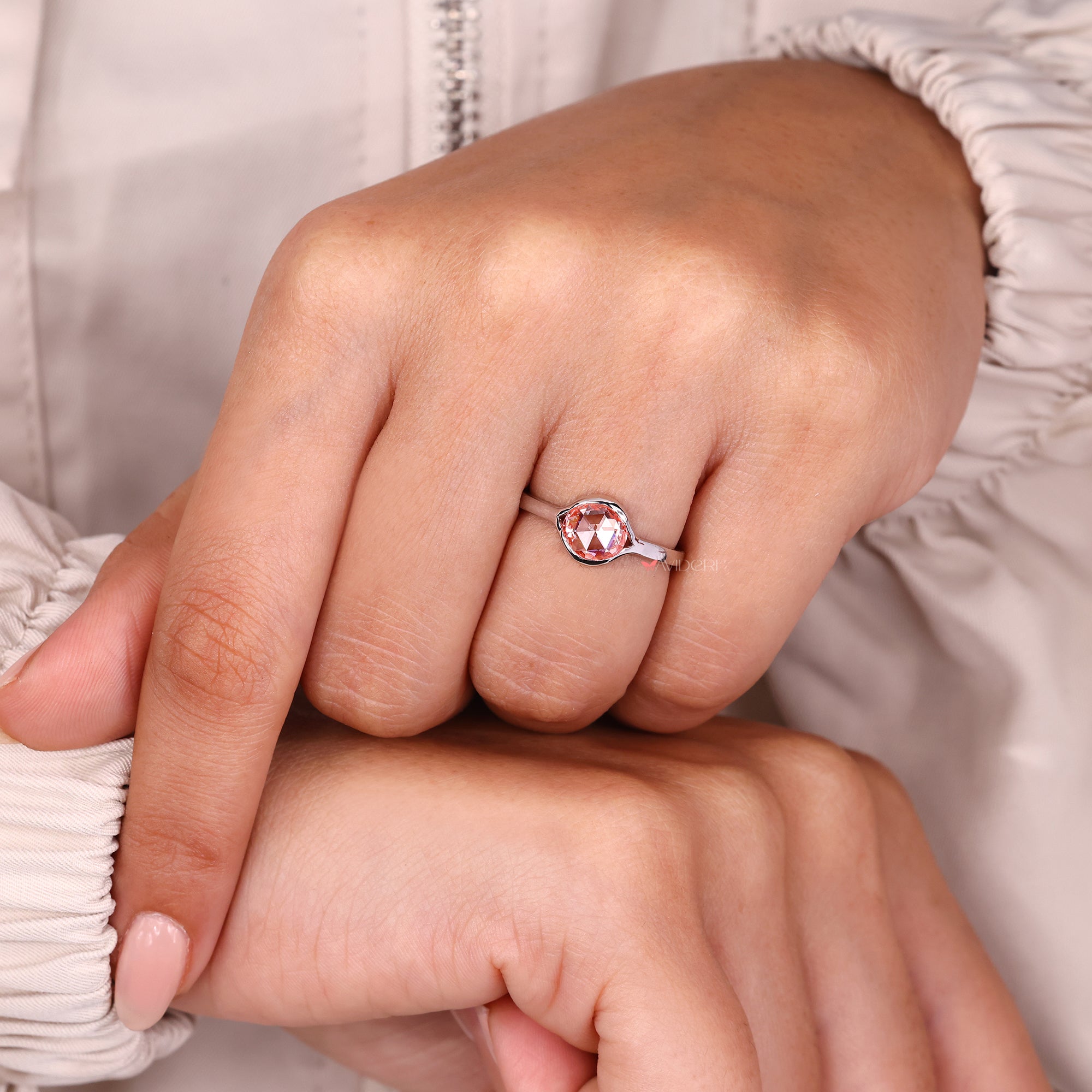Pink round rose cut diamond with pink diamond ring.