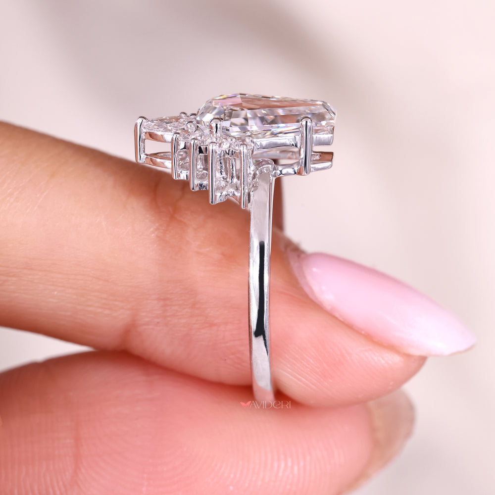 Round diamond halo ring with clean white gold band.