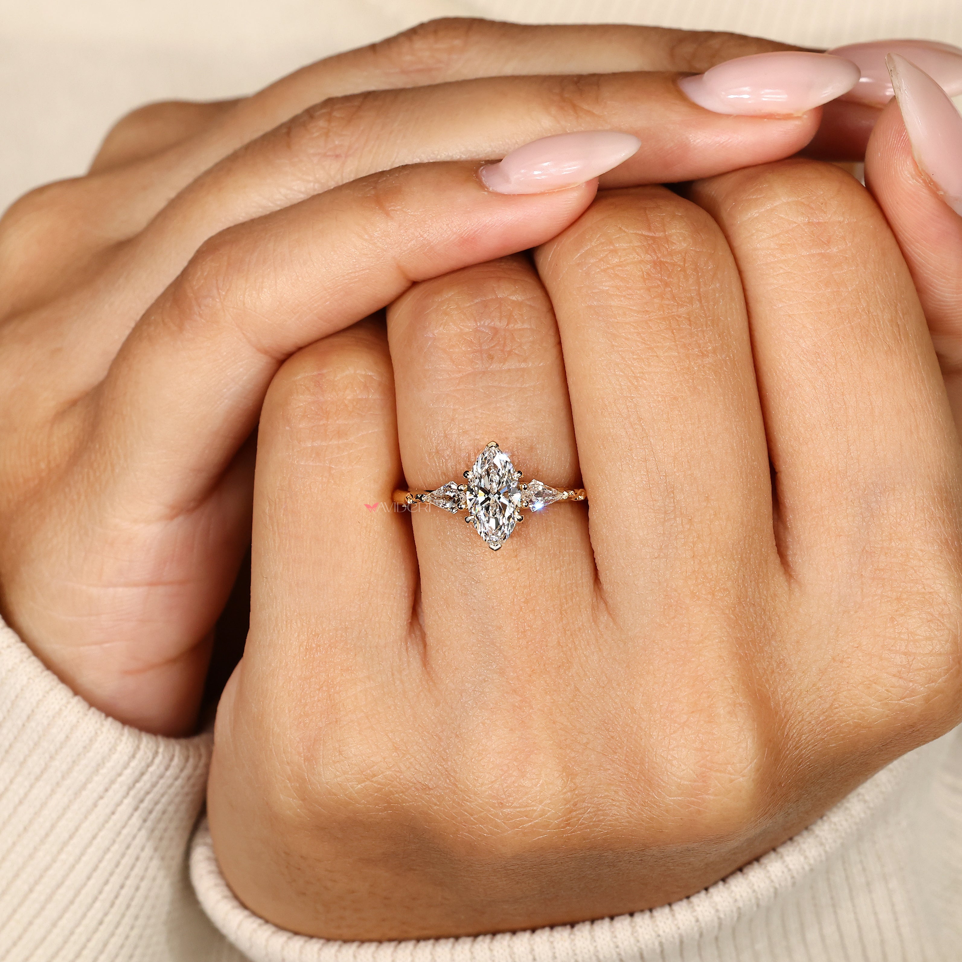 Lab grown marquise ring with vintage filigree.
