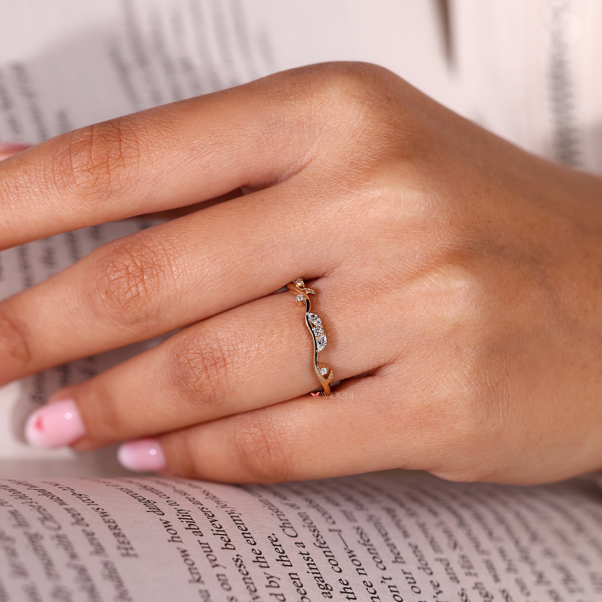 Stackable nature inspired diamond wedding band.