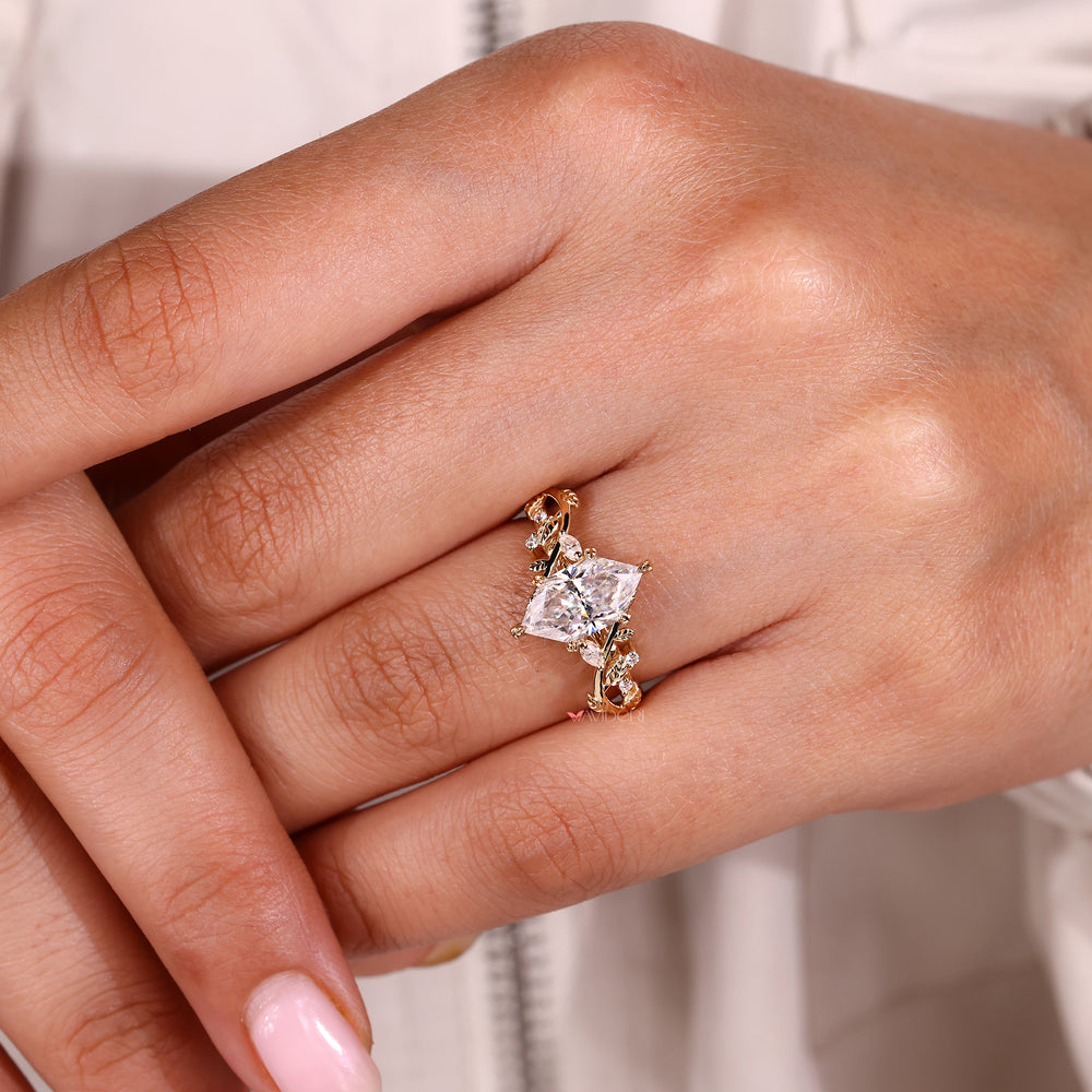 Buy a moissanite ring in a nature inspired style.