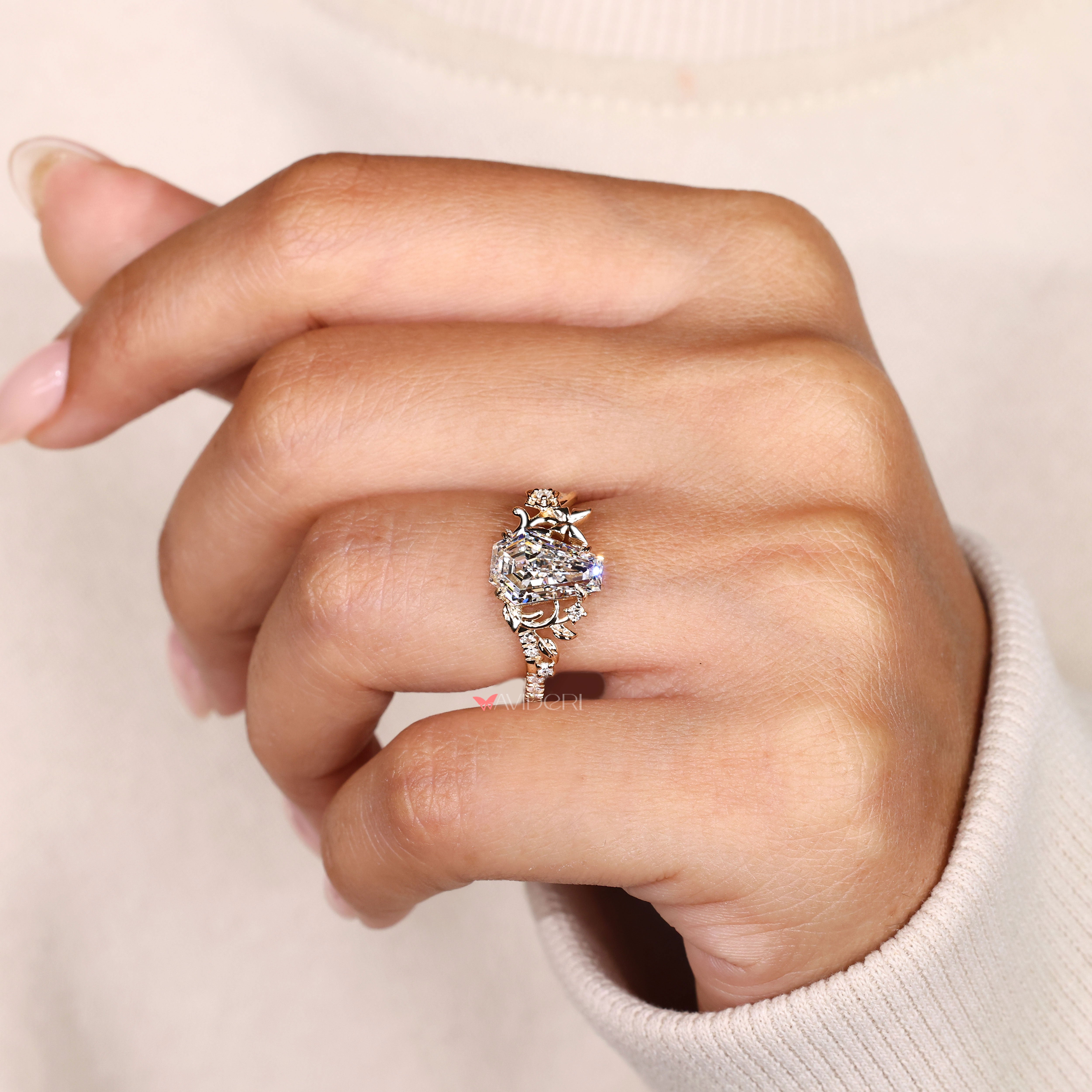 Pave coffin diamond ring with nature inspired detail.
