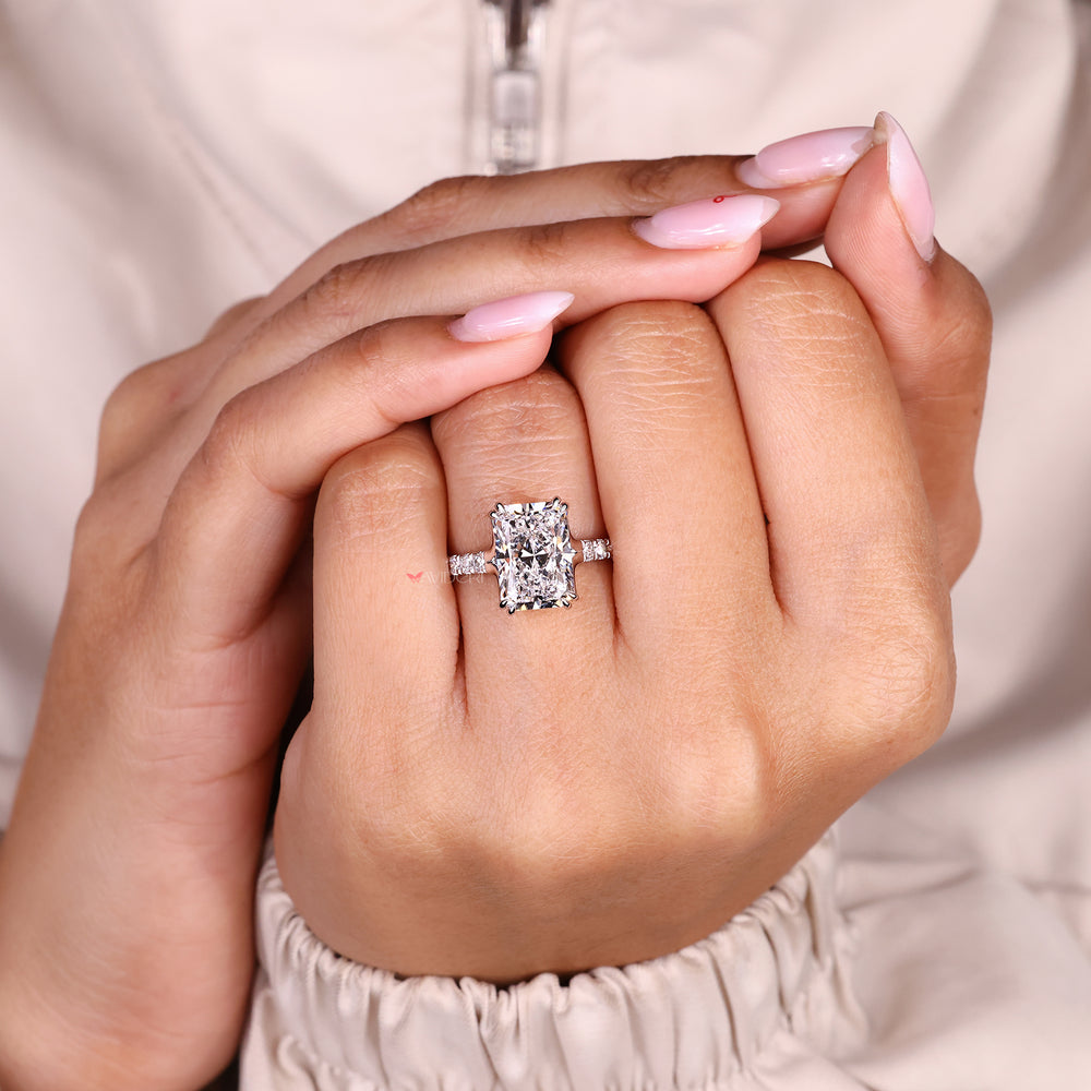 Lab grown radiant cut diamond ring with elegant pave design.
