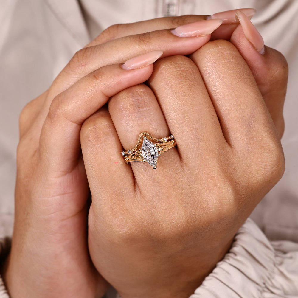 Vintage hexagon diamond bridal set with curved band.
