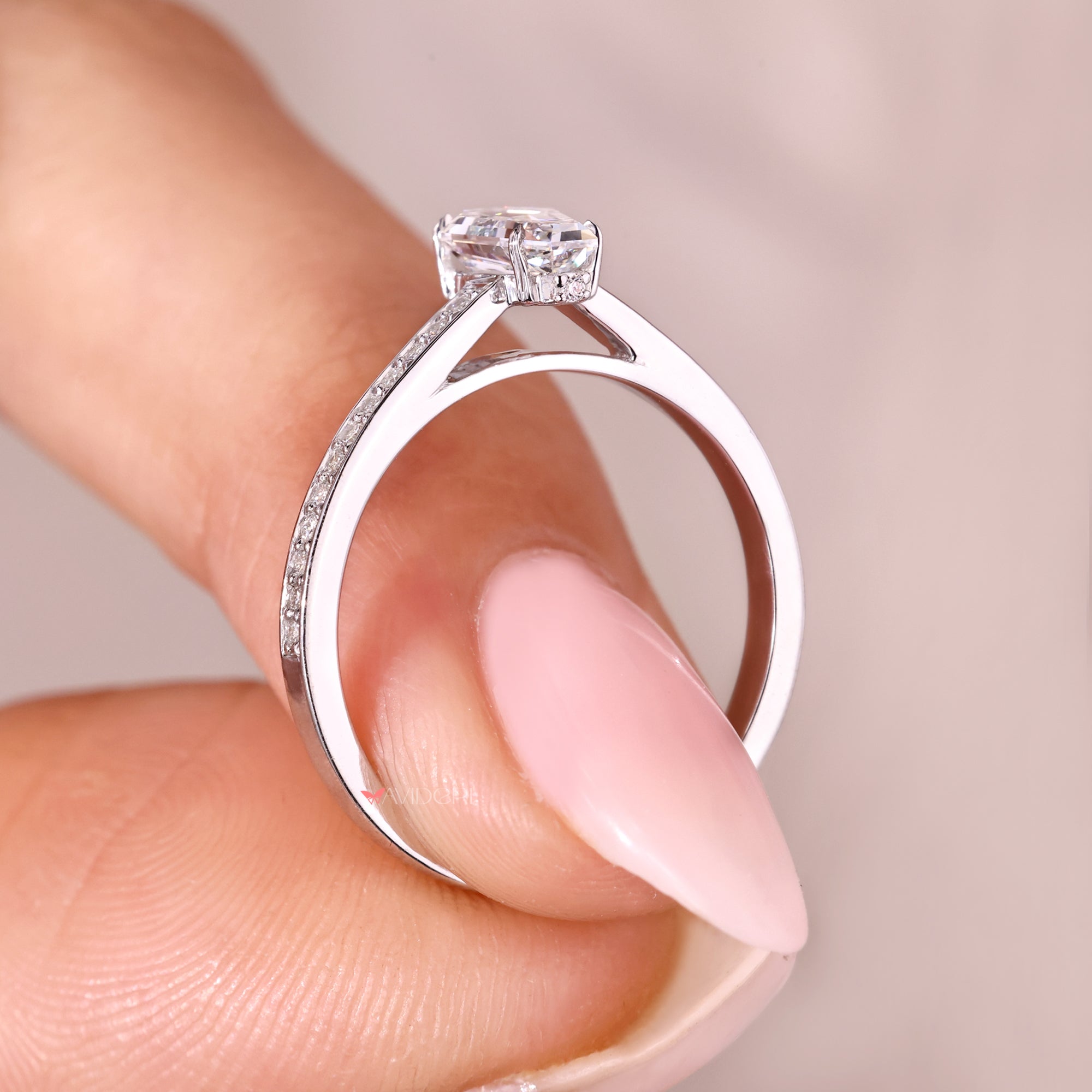 Cathedral setting ring on white gold diamond ring.