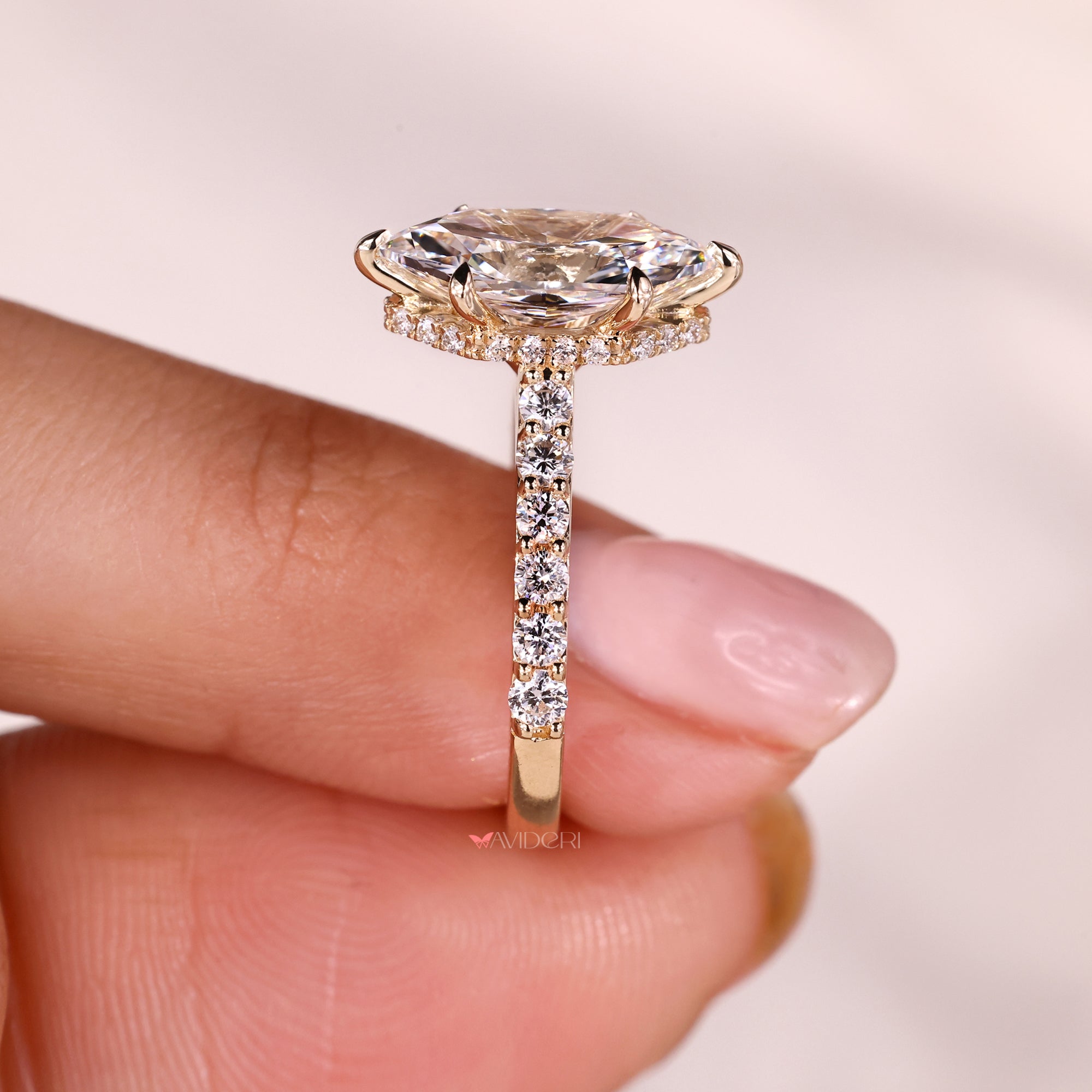Pave set ring with six claw prong.