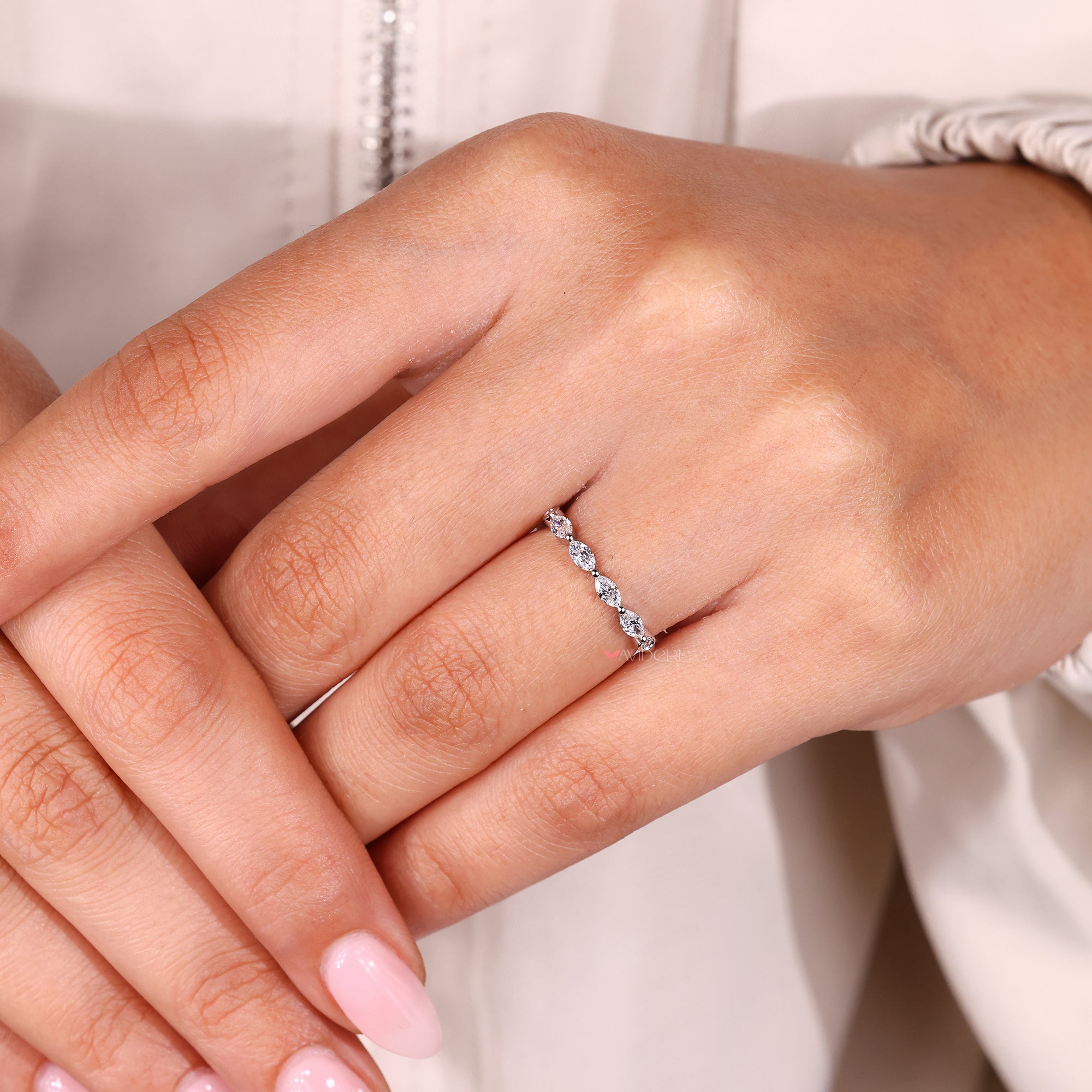 Avideri wedding band with elegant marquise and round diamonds for a classic touch.