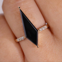 Long Kite Cut Black Moissanite Ring In Pave Setting