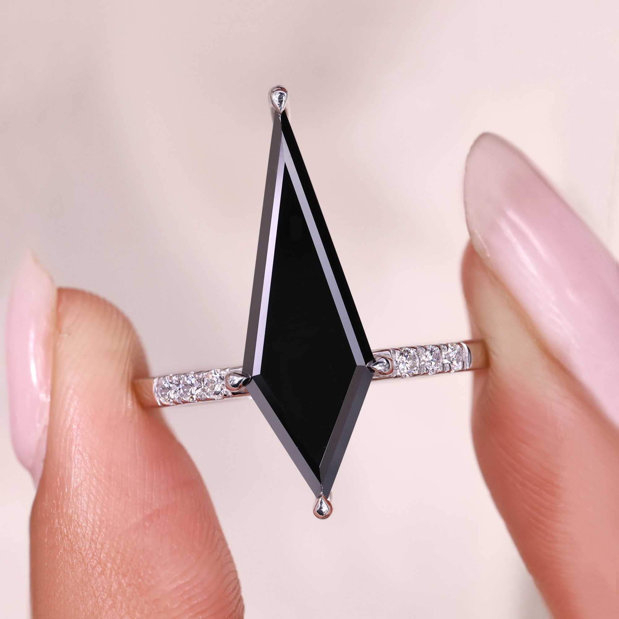 Black Moissanite Ring with Round Cut Pave Details.