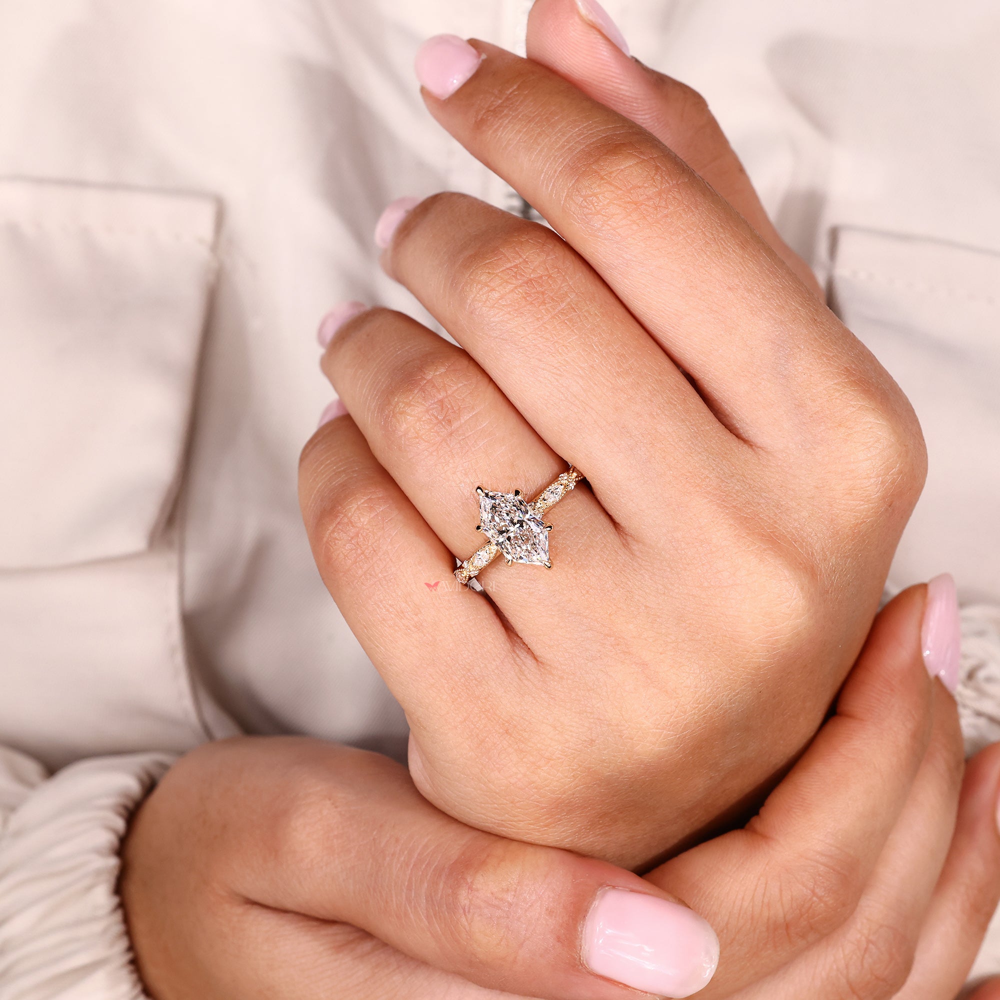 Lab-grown diamond ring with Dutch marquise engagement ring.