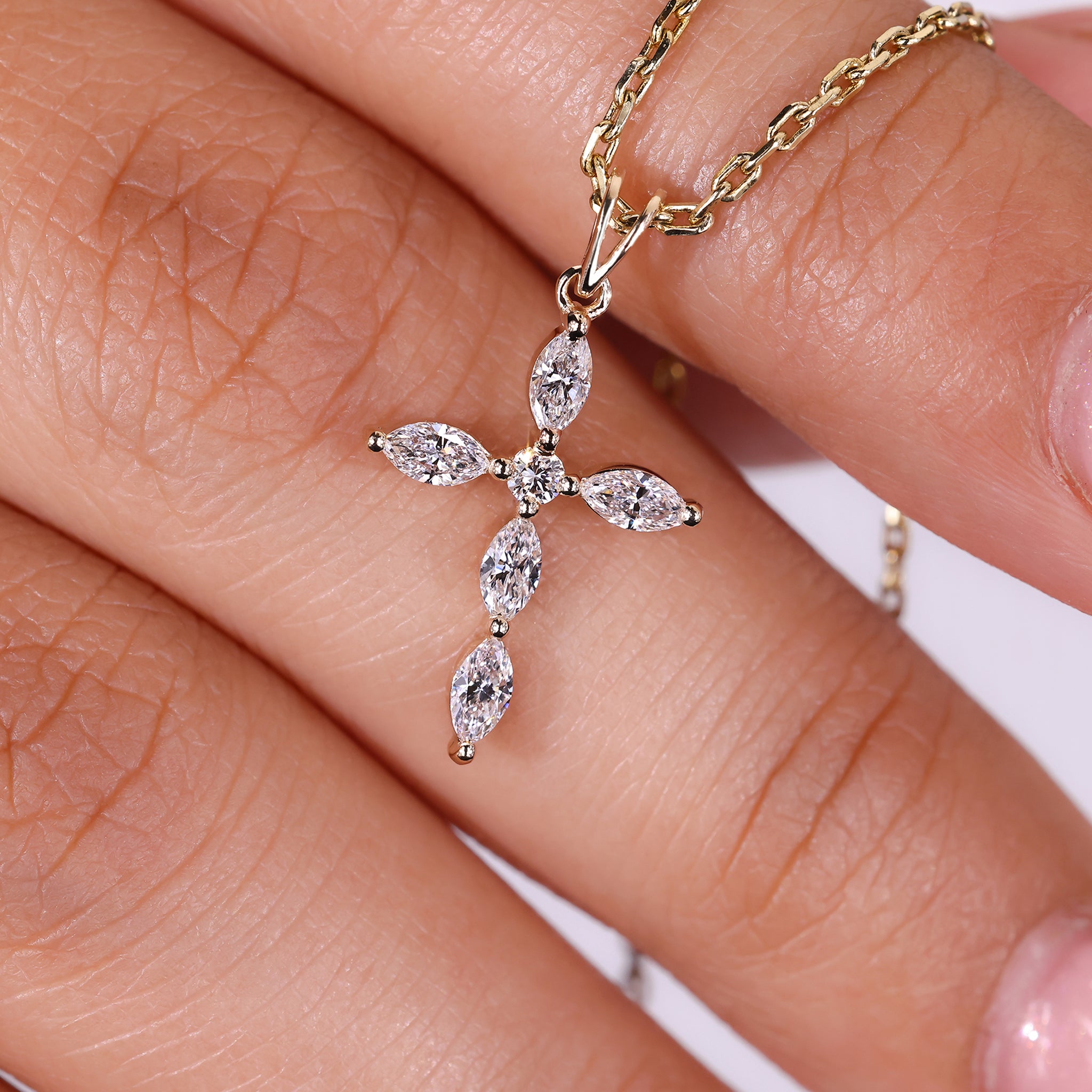 White Gold Diamond Cross Pendant Marquise Cut
