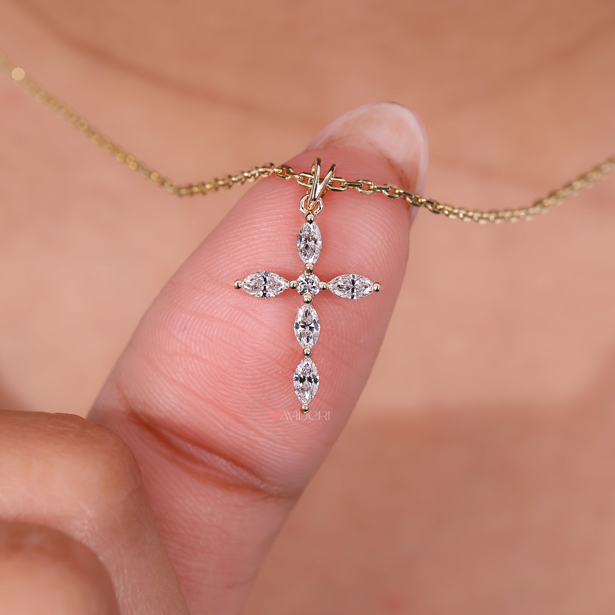 White Gold Diamond Cross Pendant Marquise Cut