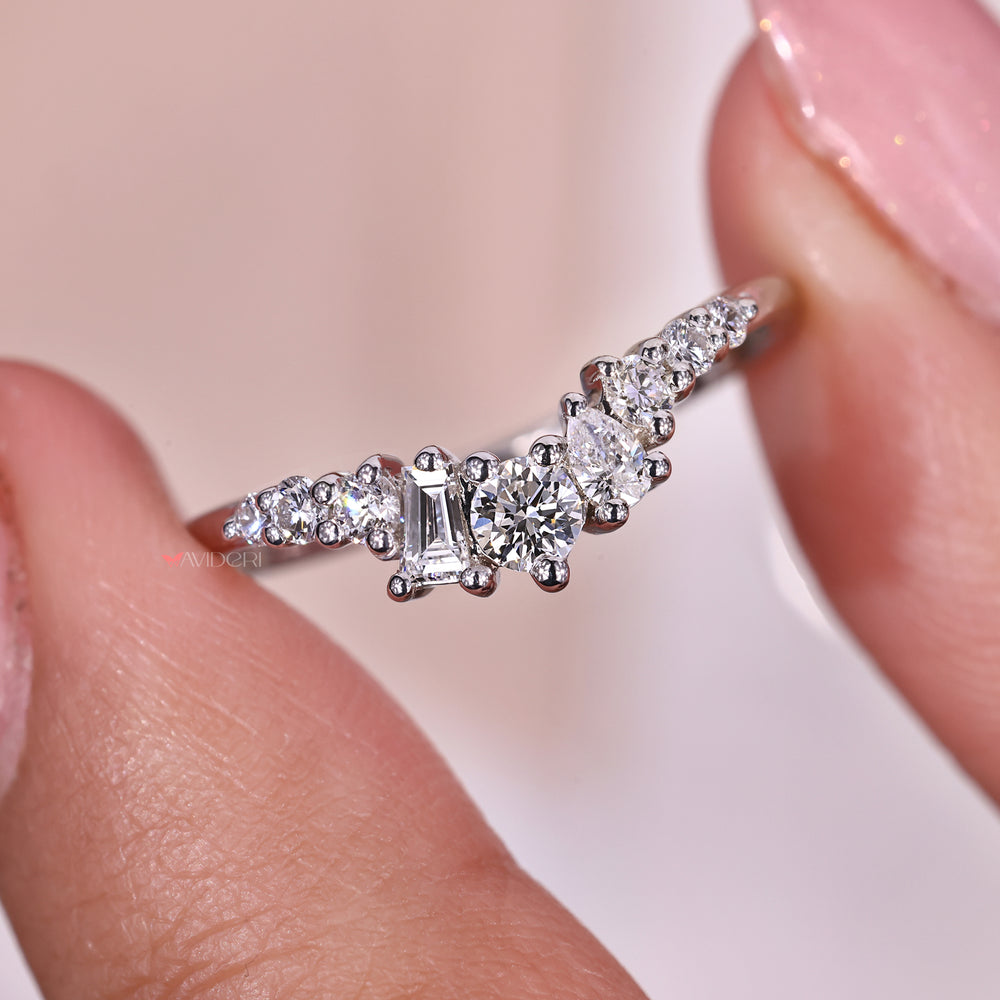 The designer wedding band features a creative, unique style.