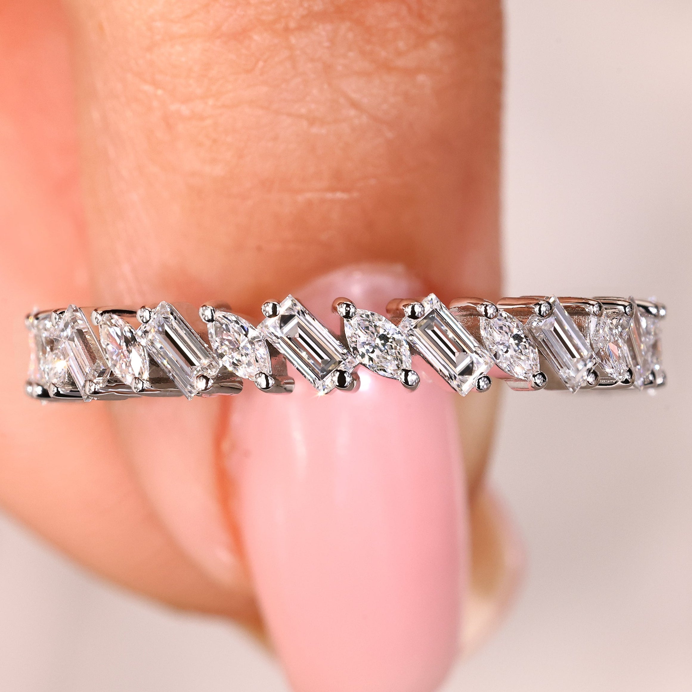 3/4 eternity wedding band with marquise and baguette diamonds
