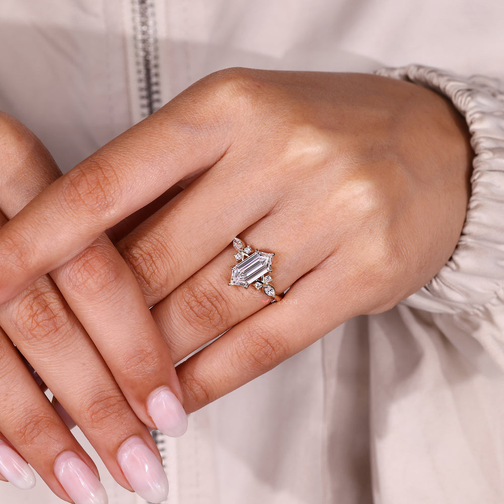 Elegant hexagon diamond ring with muse setting.
