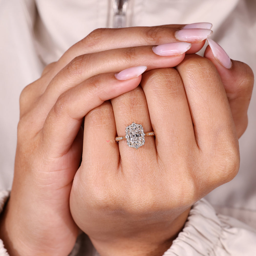 Handmade radiant diamond ring with halo style.
