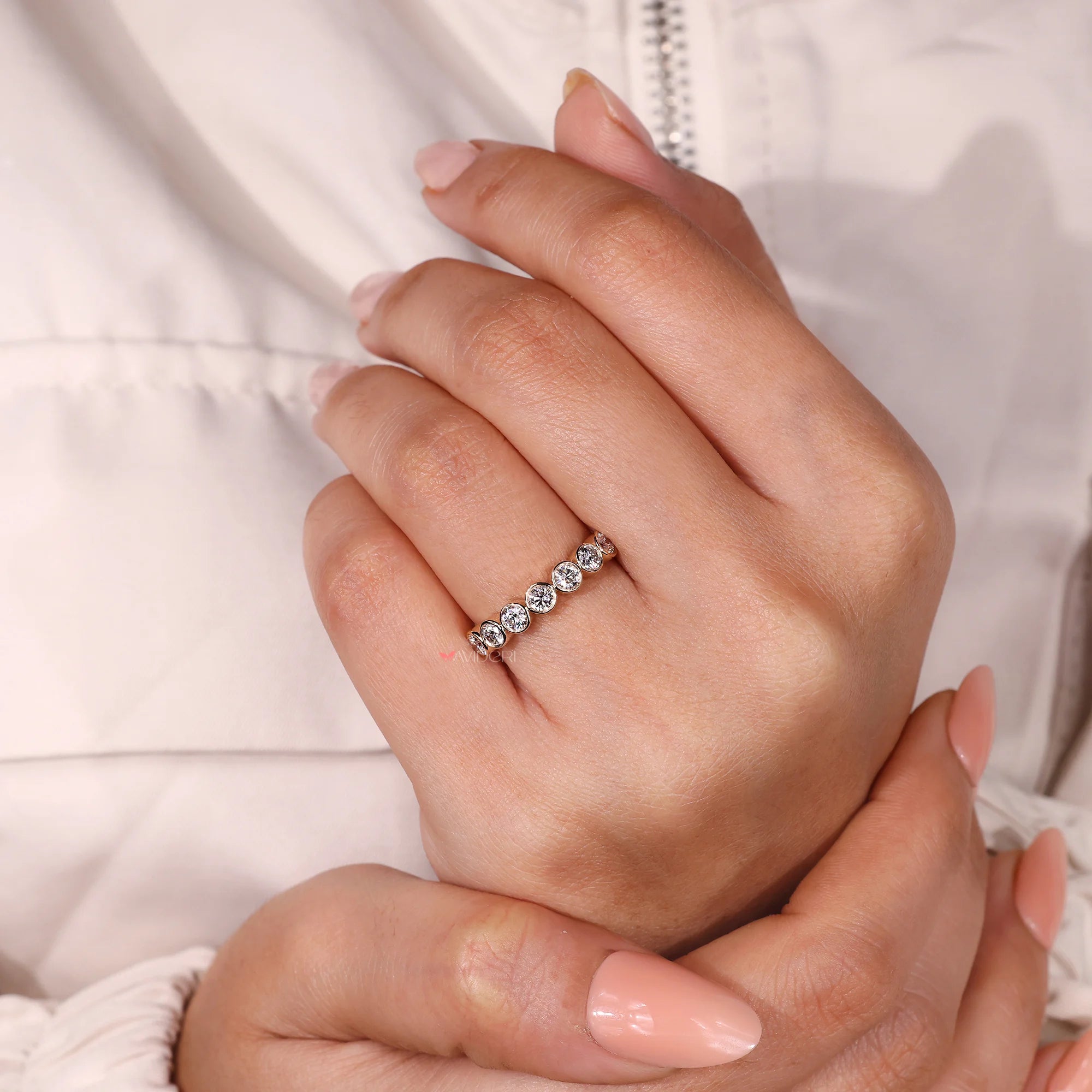 7 stone wedding band with yellow gold wedding band.