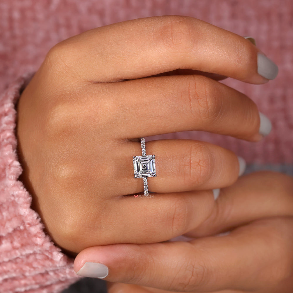 Lab grown asscher cut diamond ring with classic look.
