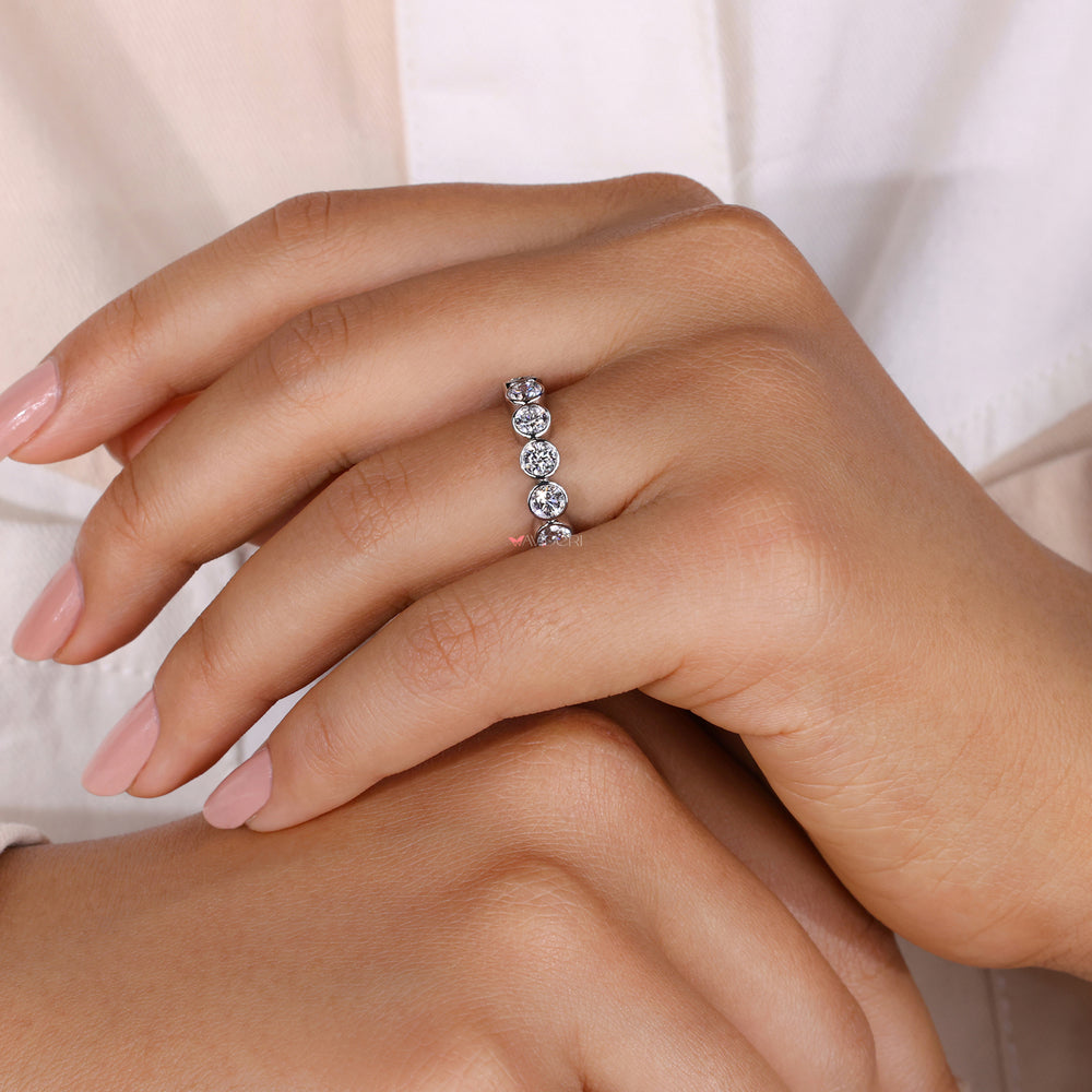 White gold band with round cut lab grown diamonds.
