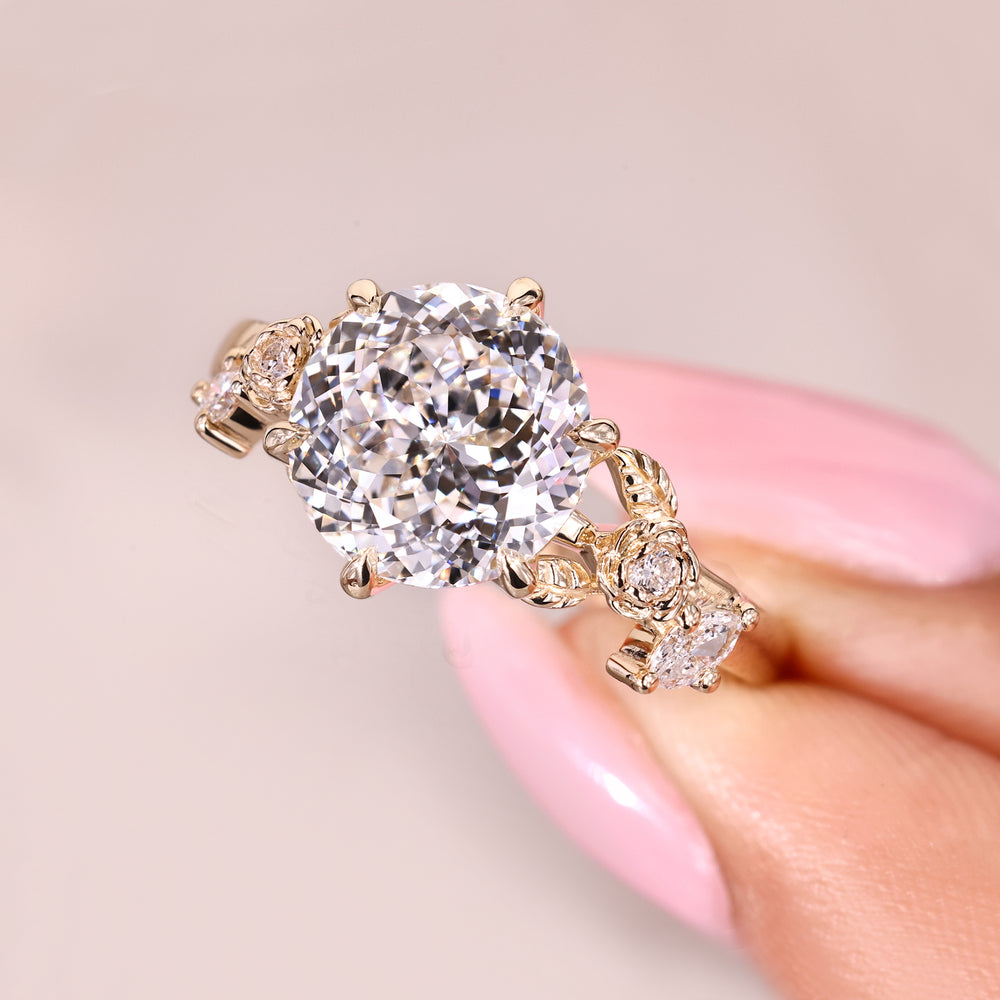 Portuguese cut lab grown diamond ring with nature inspired design and marquise side stones
