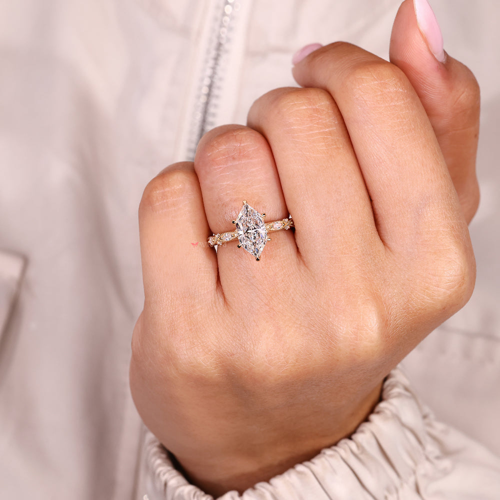 Lab grown dutch marquise diamond ring with vintage look.