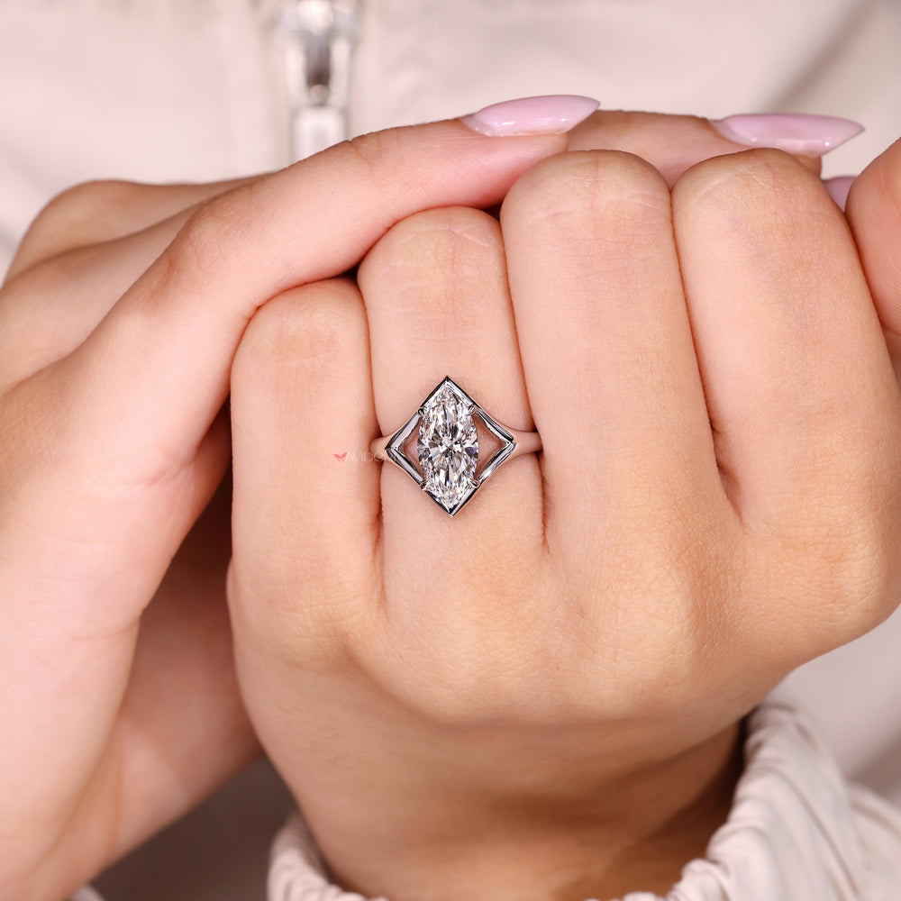 Lab grown marquise diamond ring with split shank setting
