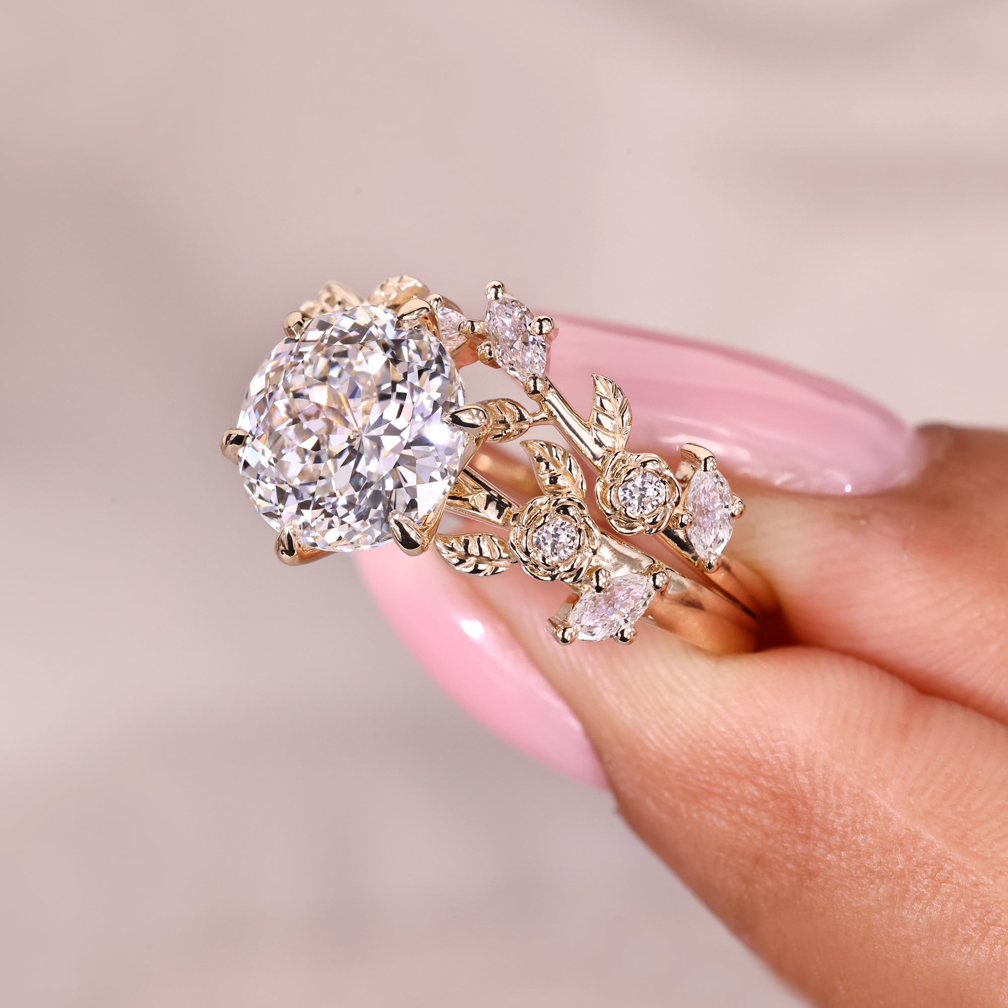 Portuguese cut lab grown diamond bridal set with six claw prong setting
