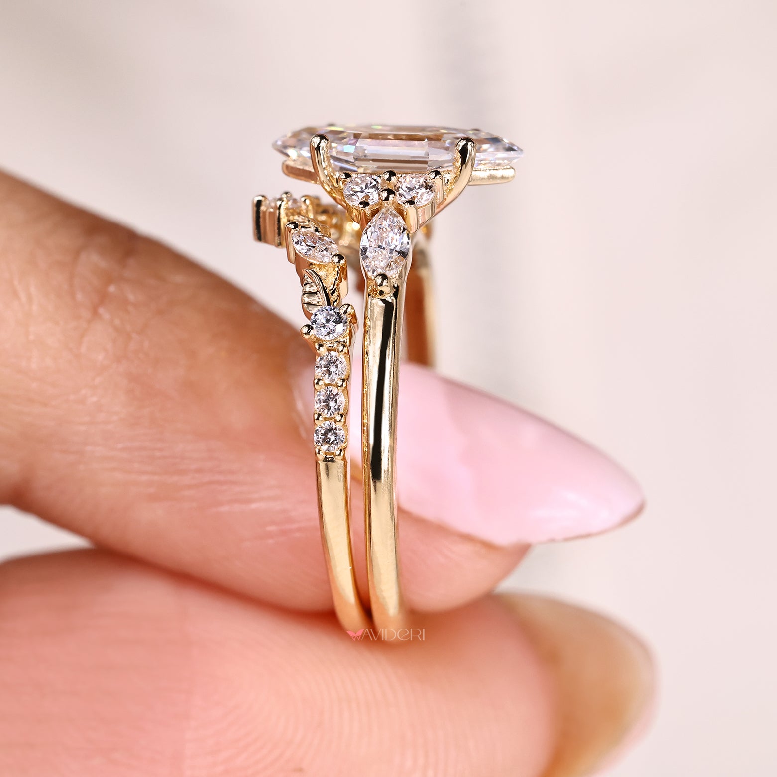Lab grown hexagon diamond ring with curved eternity wedding band
