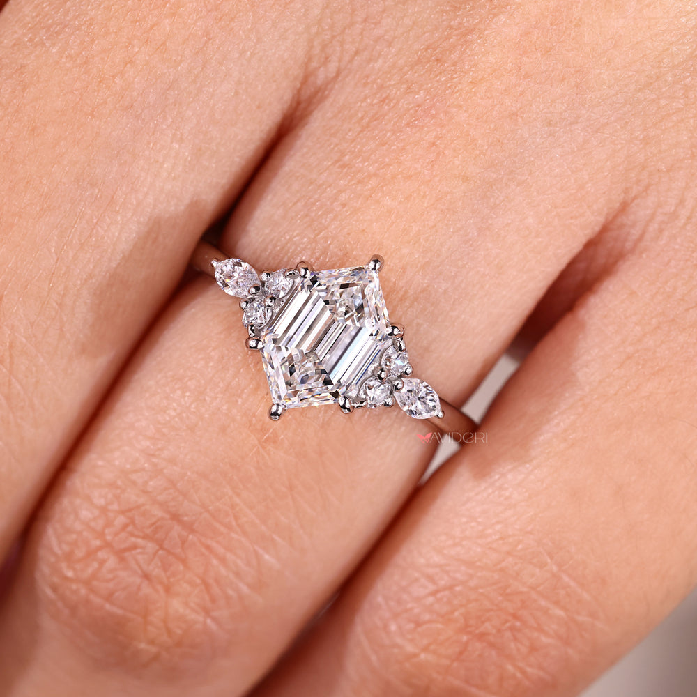 Handmade hexagon center seven stone diamond ring.