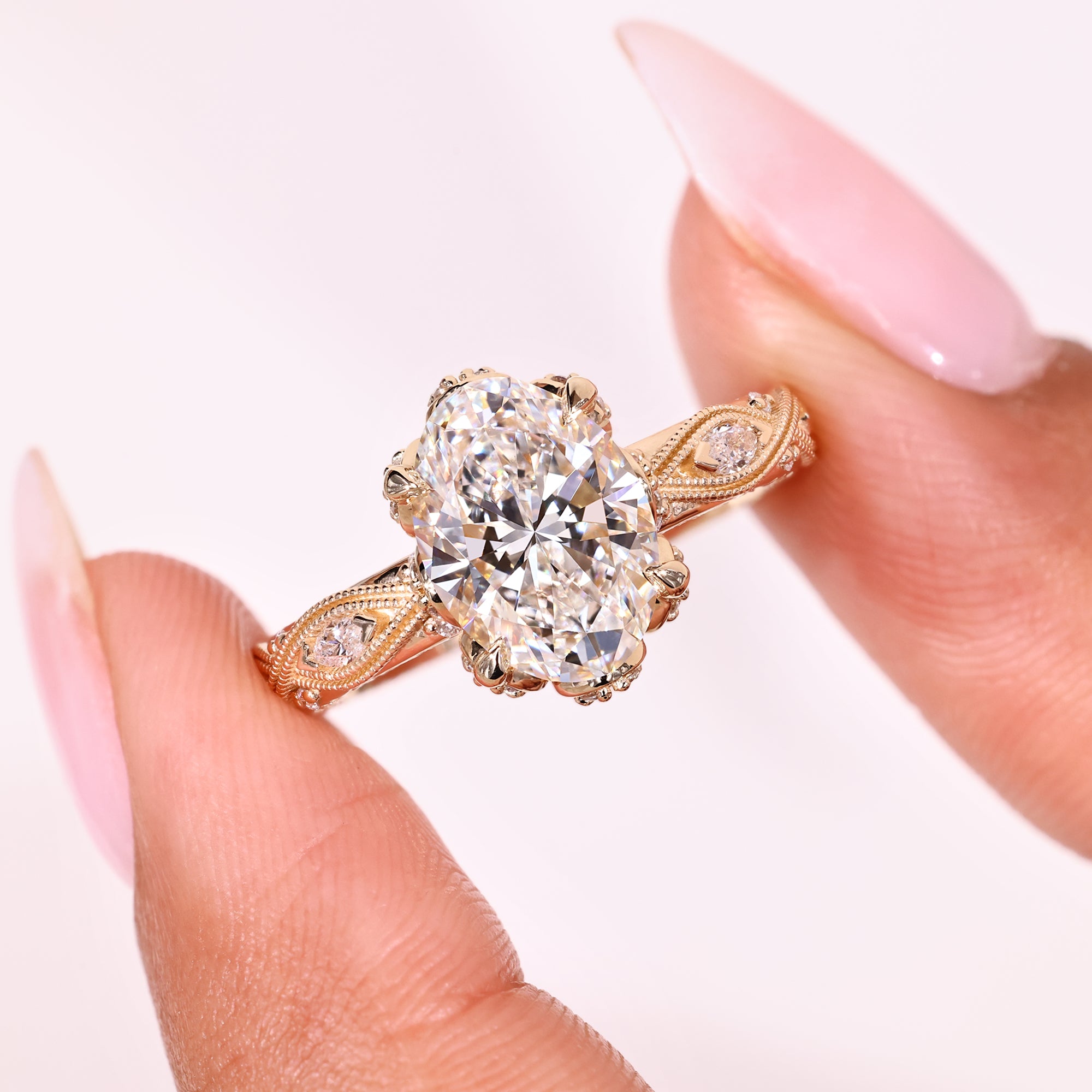 Floral hidden halo oval diamond ring design.
