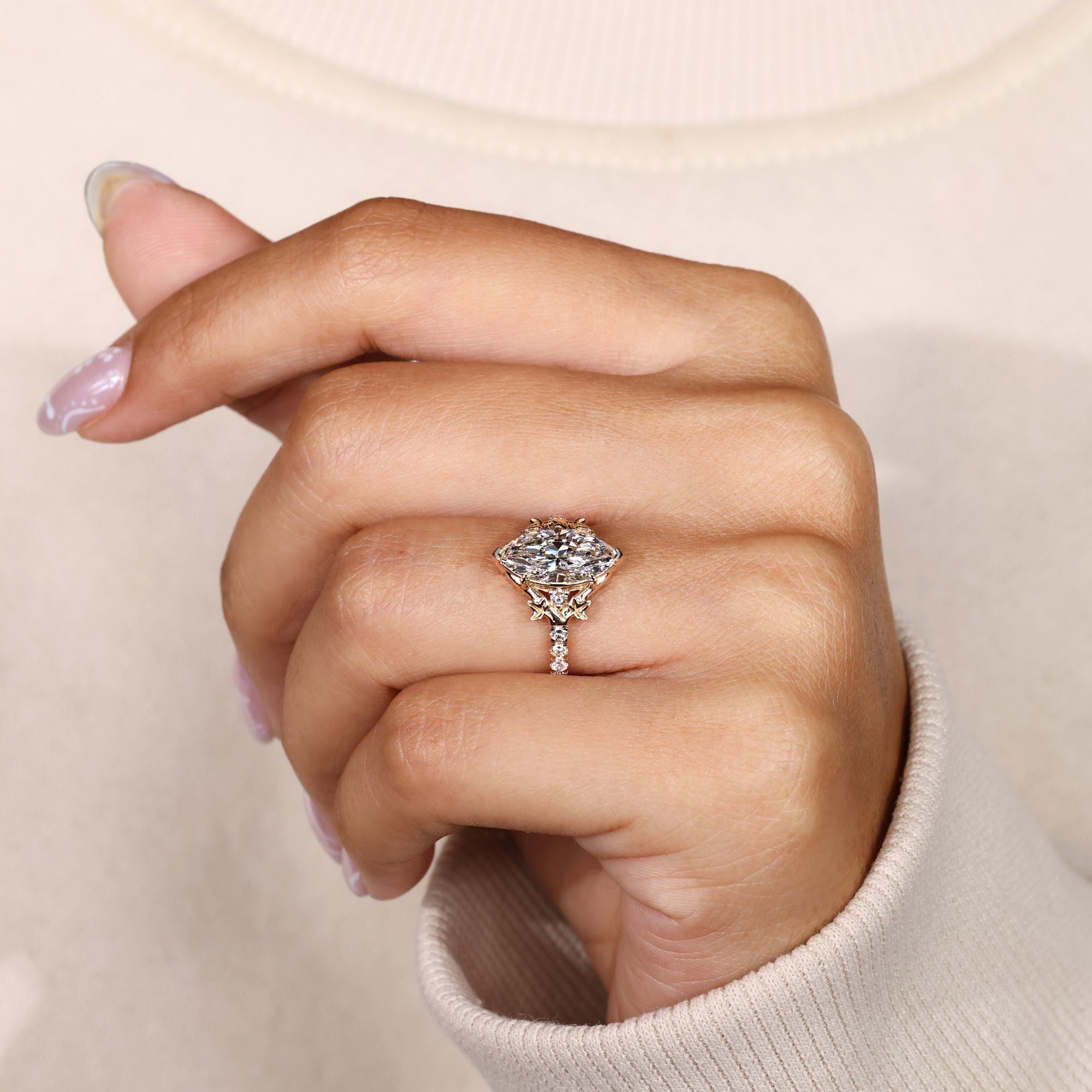 Handmade marquise ring with V style prongs.
