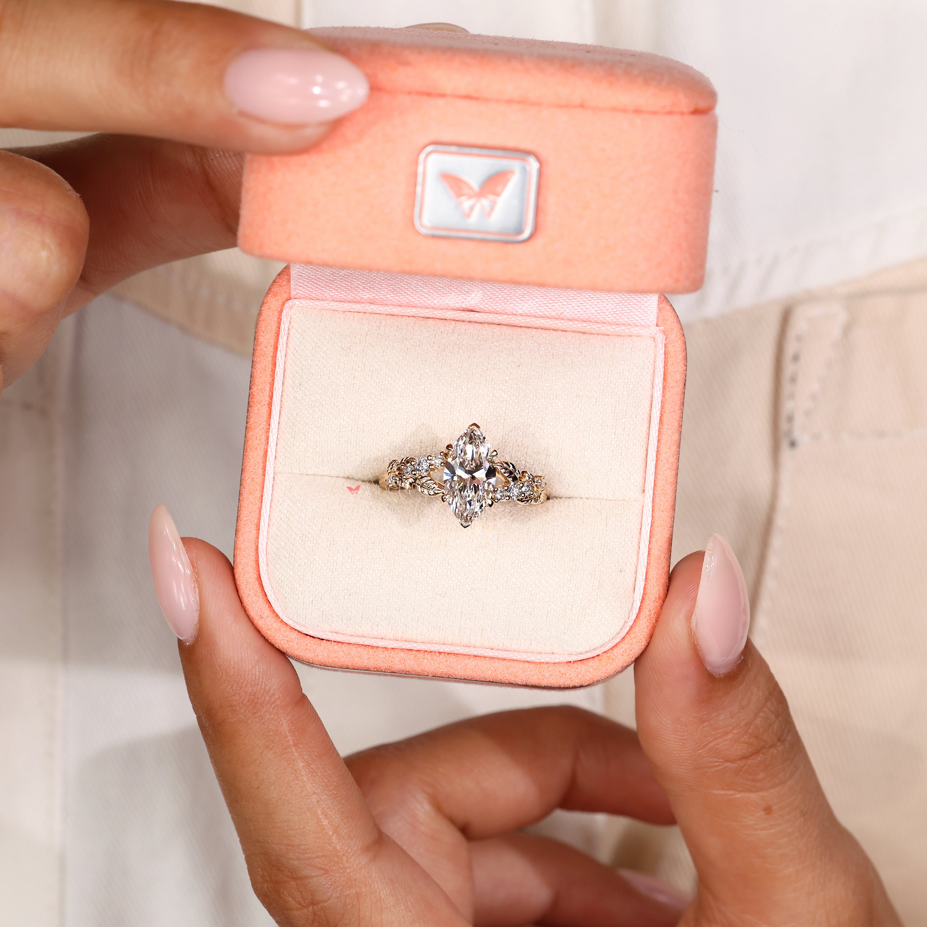 Lab grown nature inspired marquise diamond ring.
