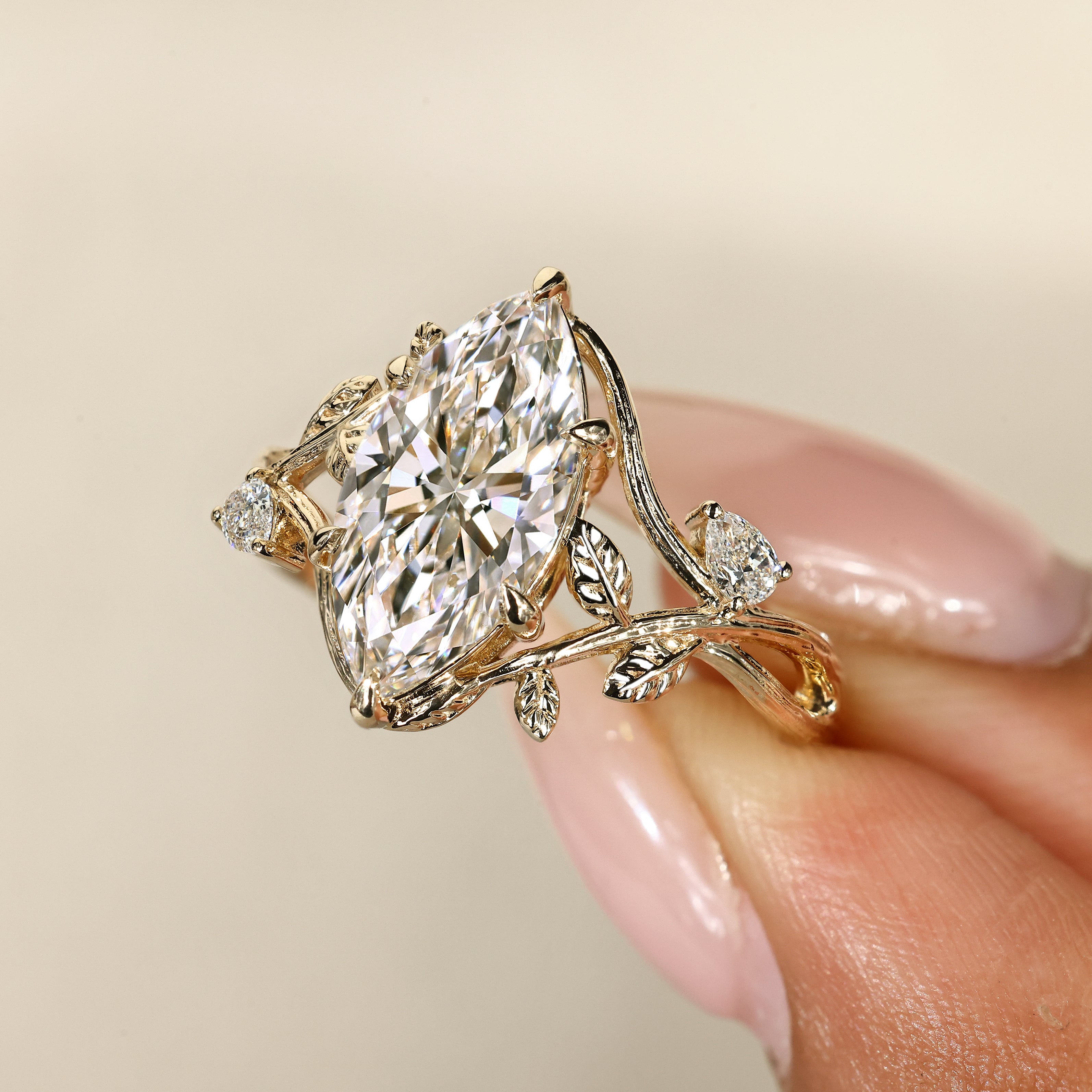 Art deco marquise diamond ring with twisted shank design
