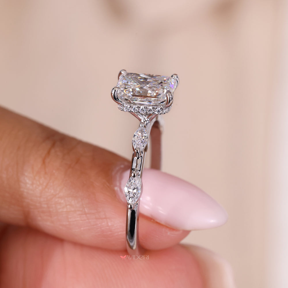 Distance pave ring with radiant engagement ring for extra sparkle.
