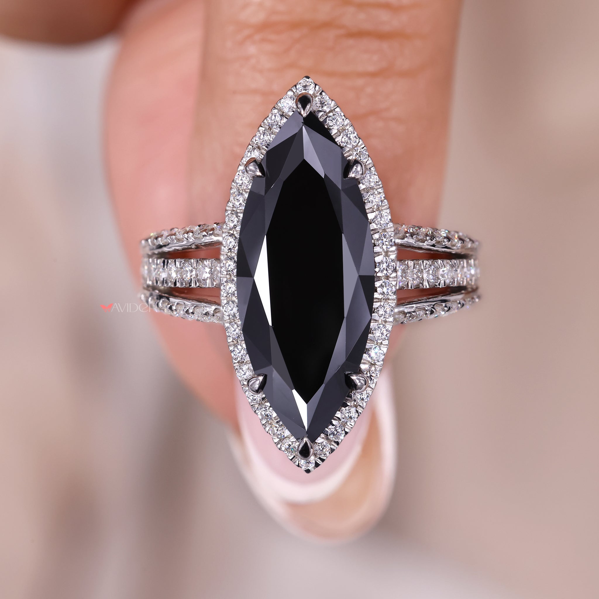 Black diamond ring, long marquise cut ring, moissanite wedding ring.