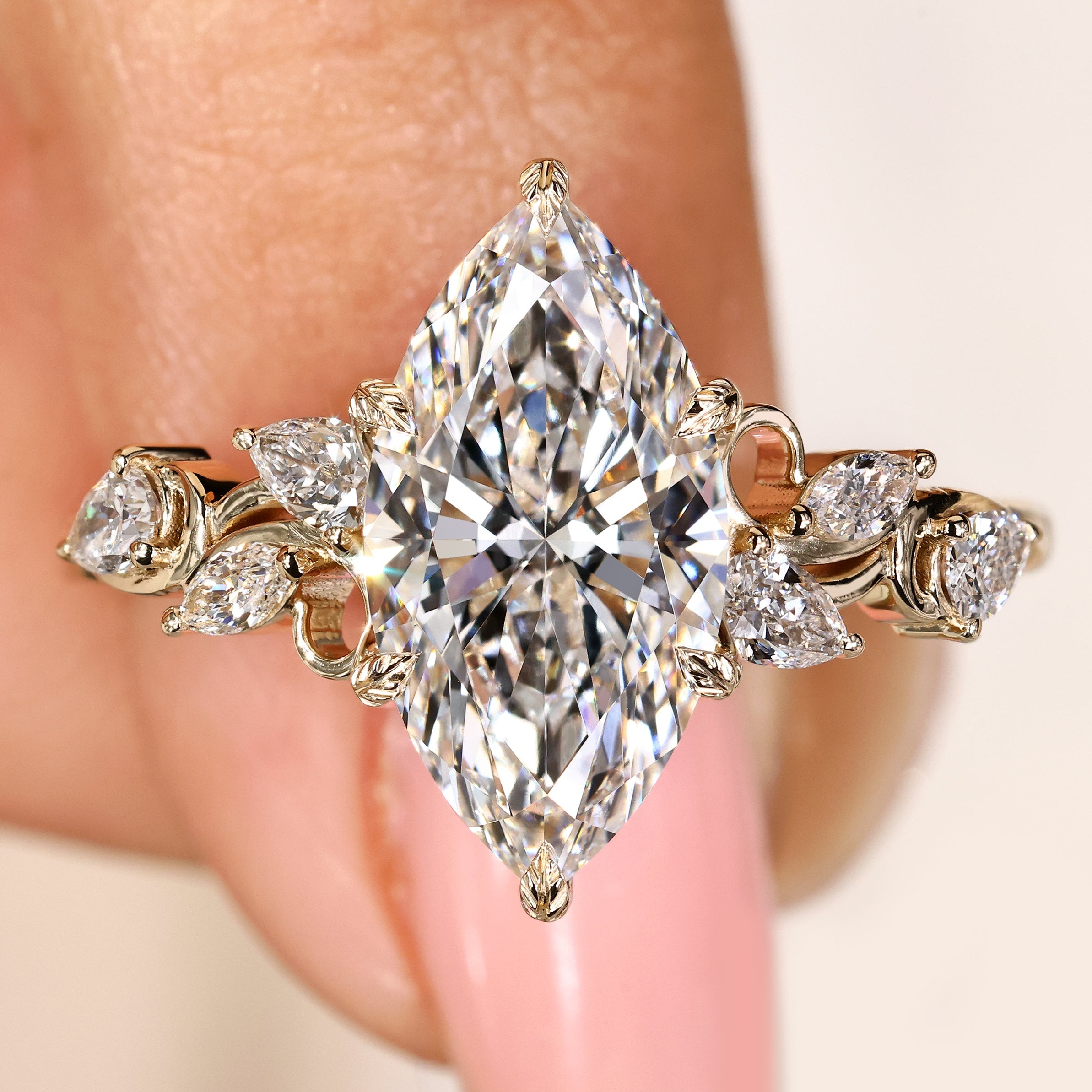 Nature inspired engagement ring with marquise center lab grown diamond

