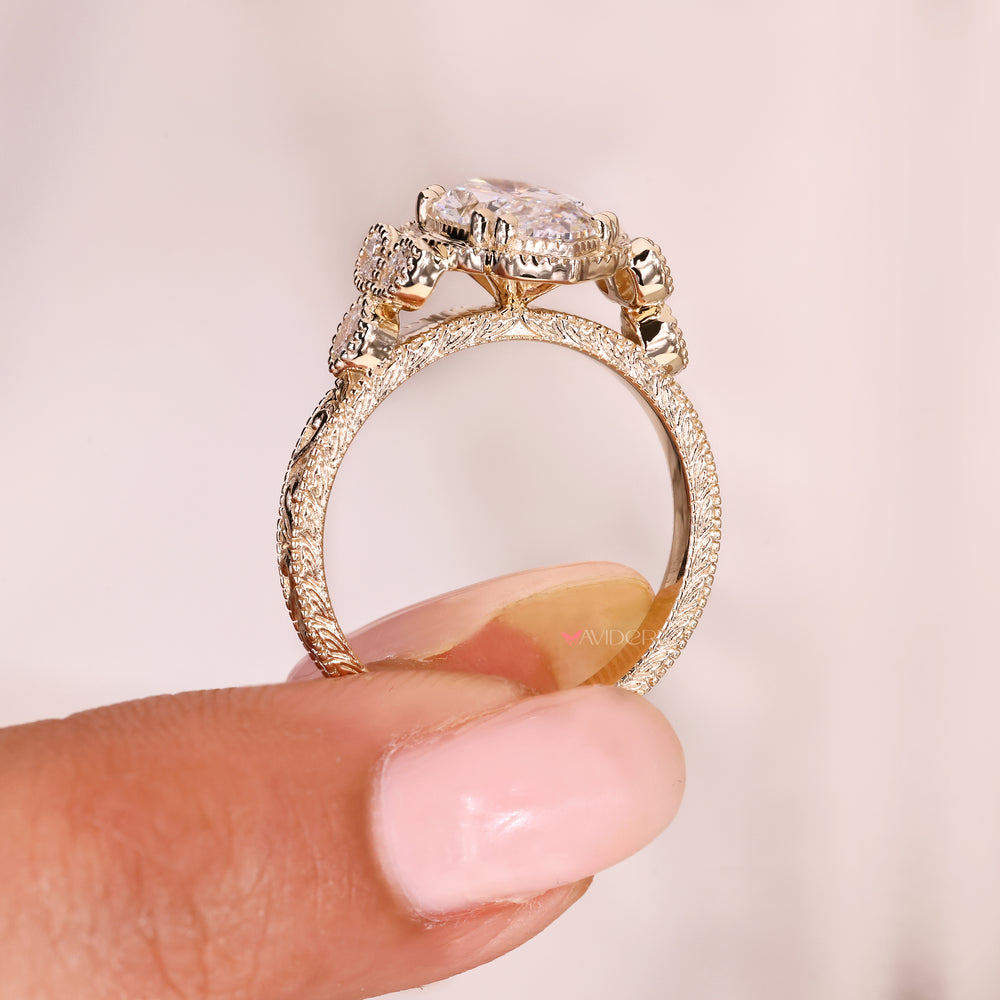Lab grown diamond ring with marquise accents and milgrain
