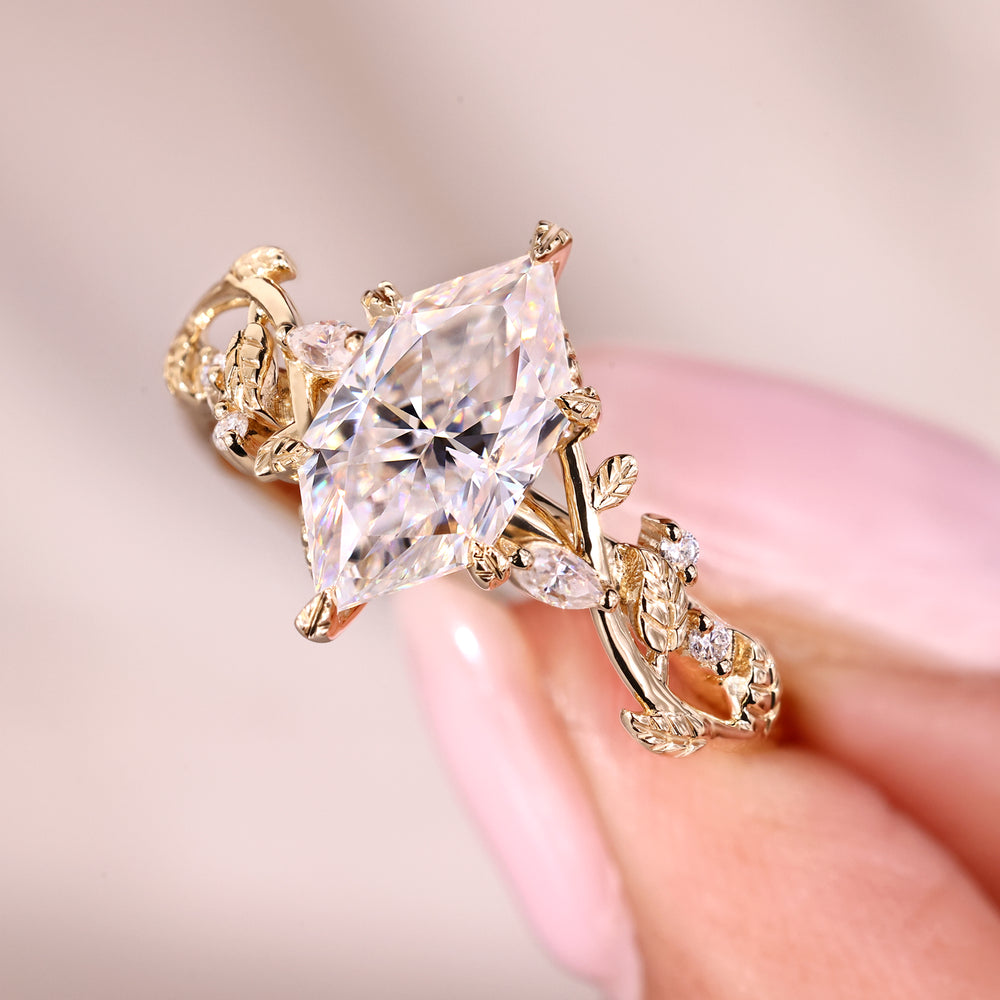 Leaf style prong setting on a moissanite ring.