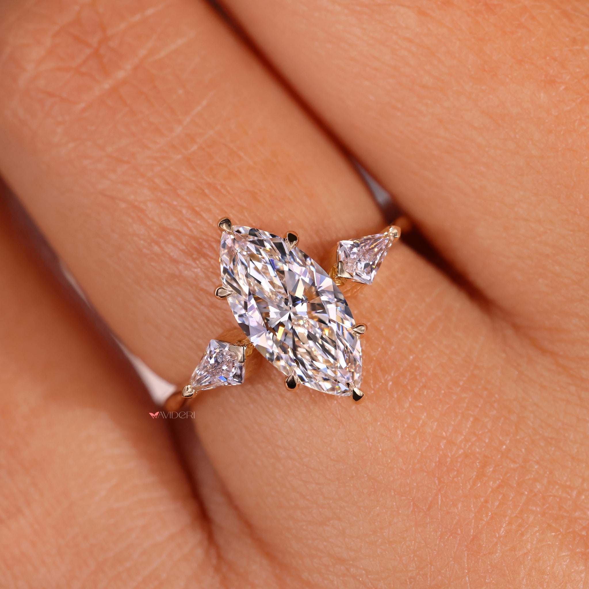 Three stone diamond ring, IGI certified, marquise cut diamond ring
