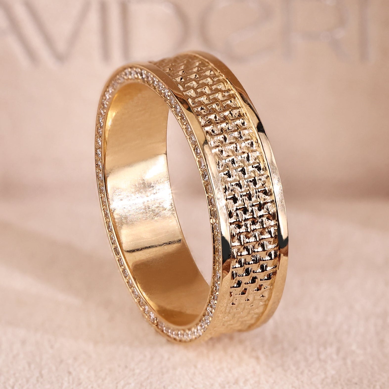 Mens gold wedding ring crafted in yellow gold with lab grown diamonds.
