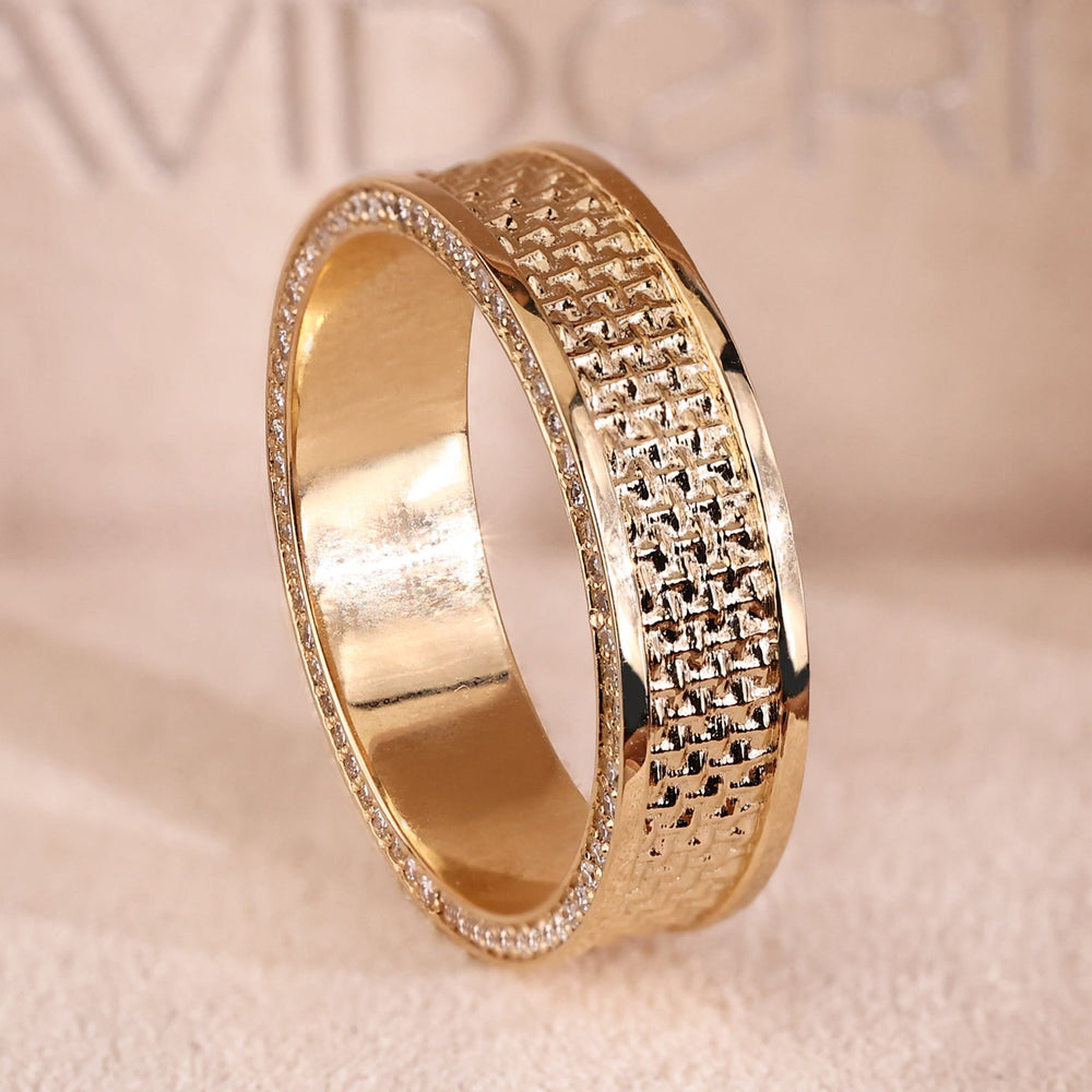 Mens gold wedding ring crafted in yellow gold with lab grown diamonds.
