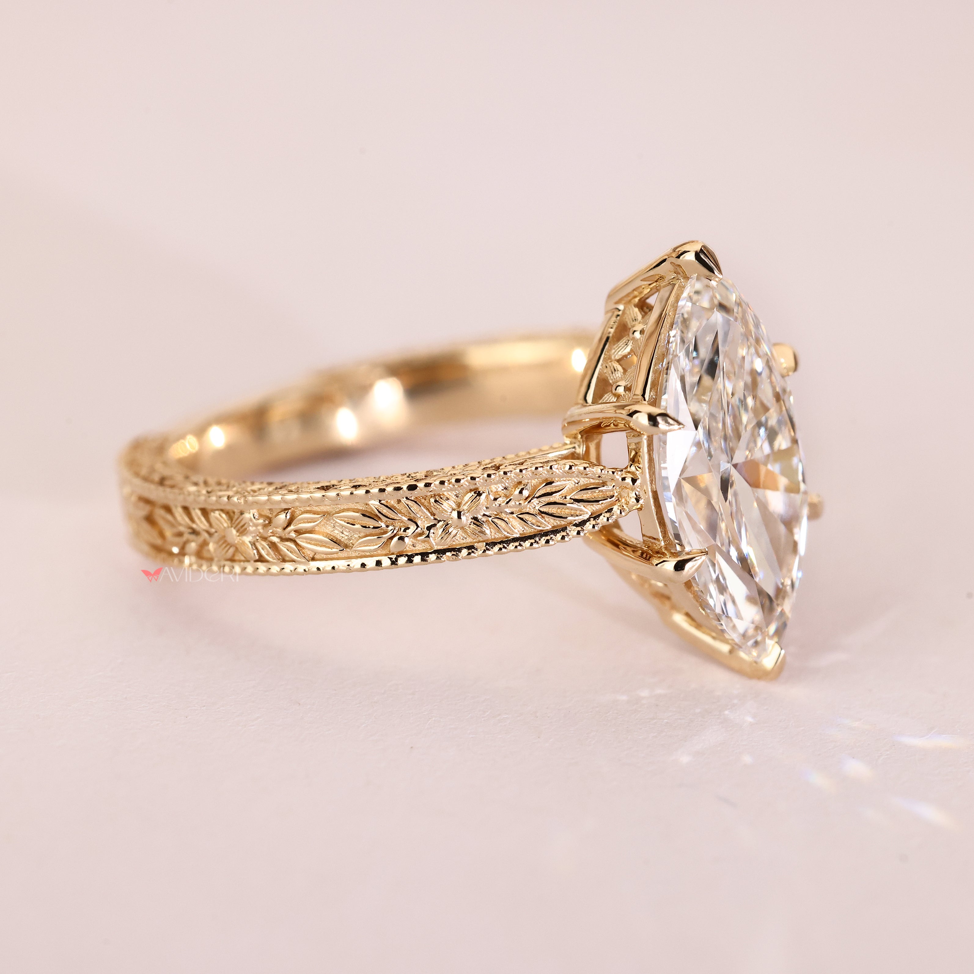 Handmade filigree ring with marquise lab grown diamond

