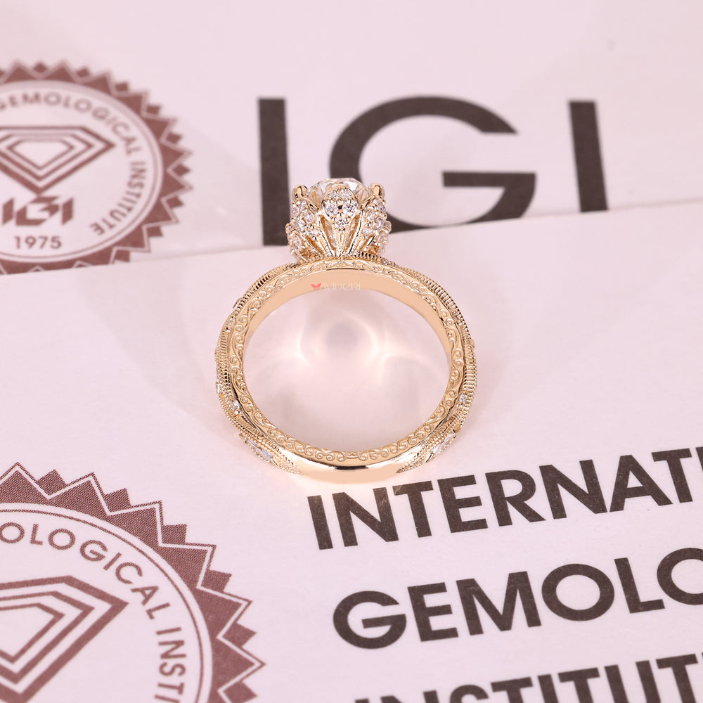 Oval ring with floral hidden halo pave style.
