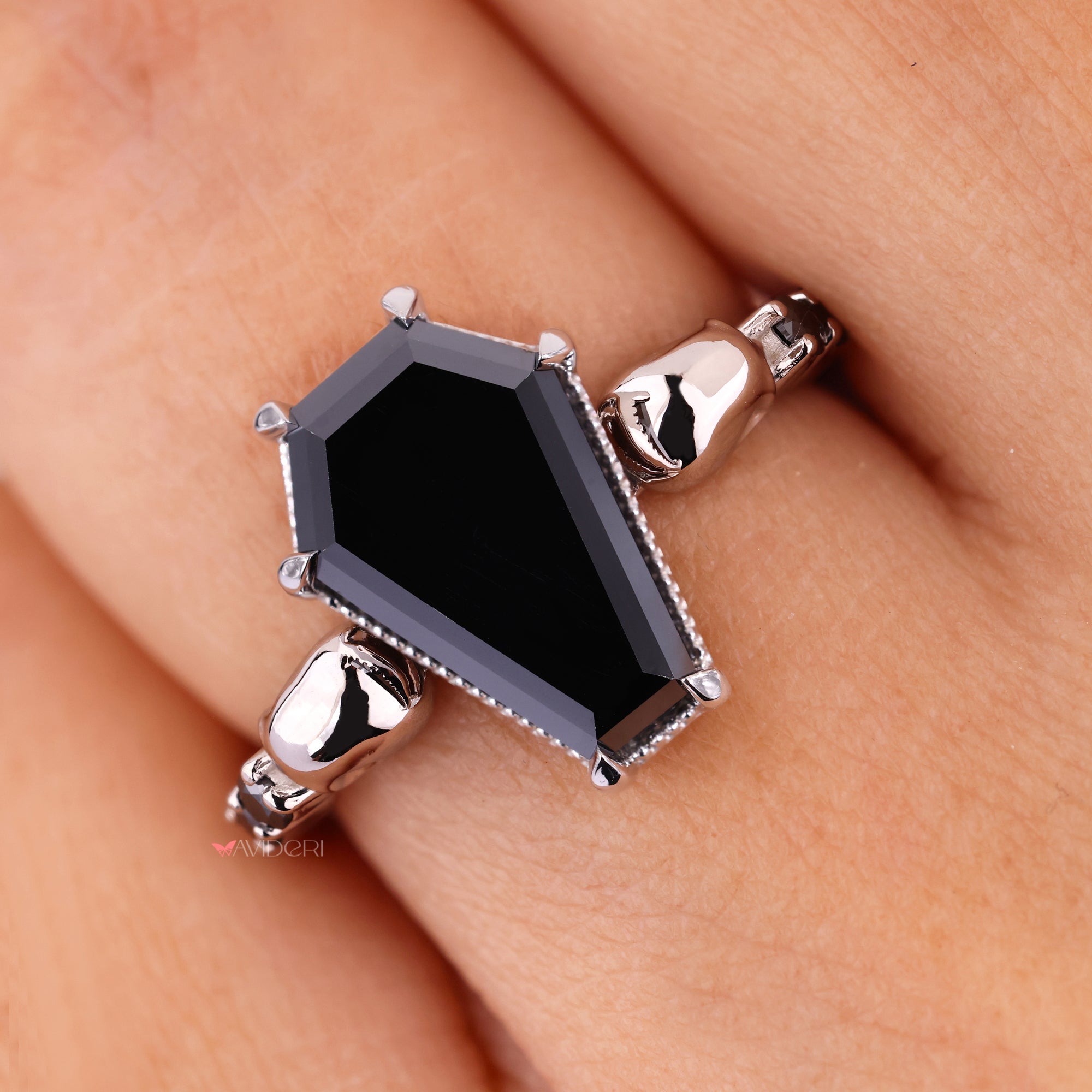 Coffin Cut Black Moissanite Ring With Two Small Skulls Style