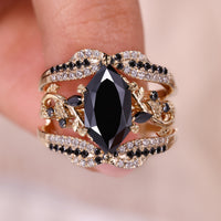Dutch Marquise Ring and Enhancer Band Black Moissanite Bridal Set