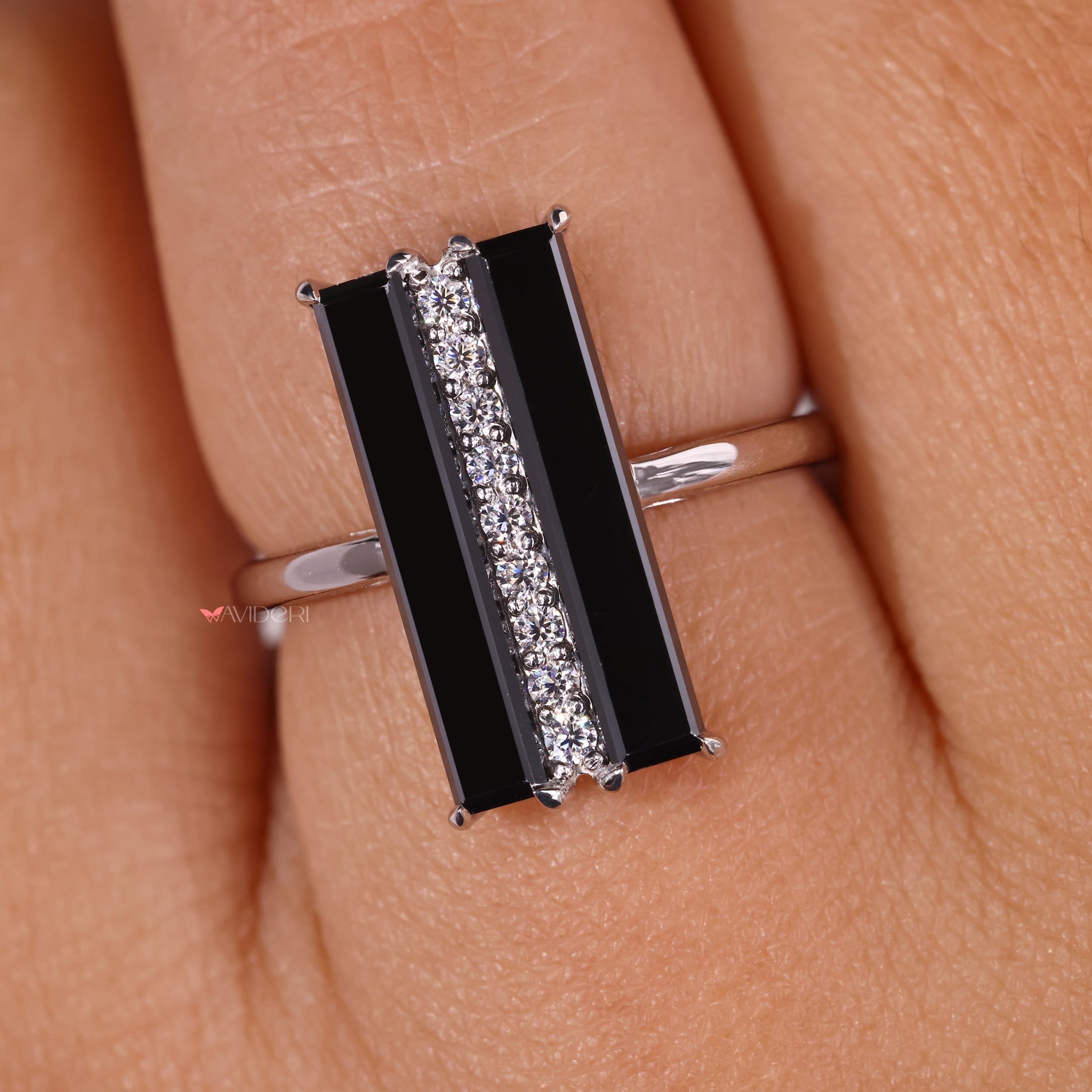 Black diamond ring, baguette moissanite ring, solitaire ring.